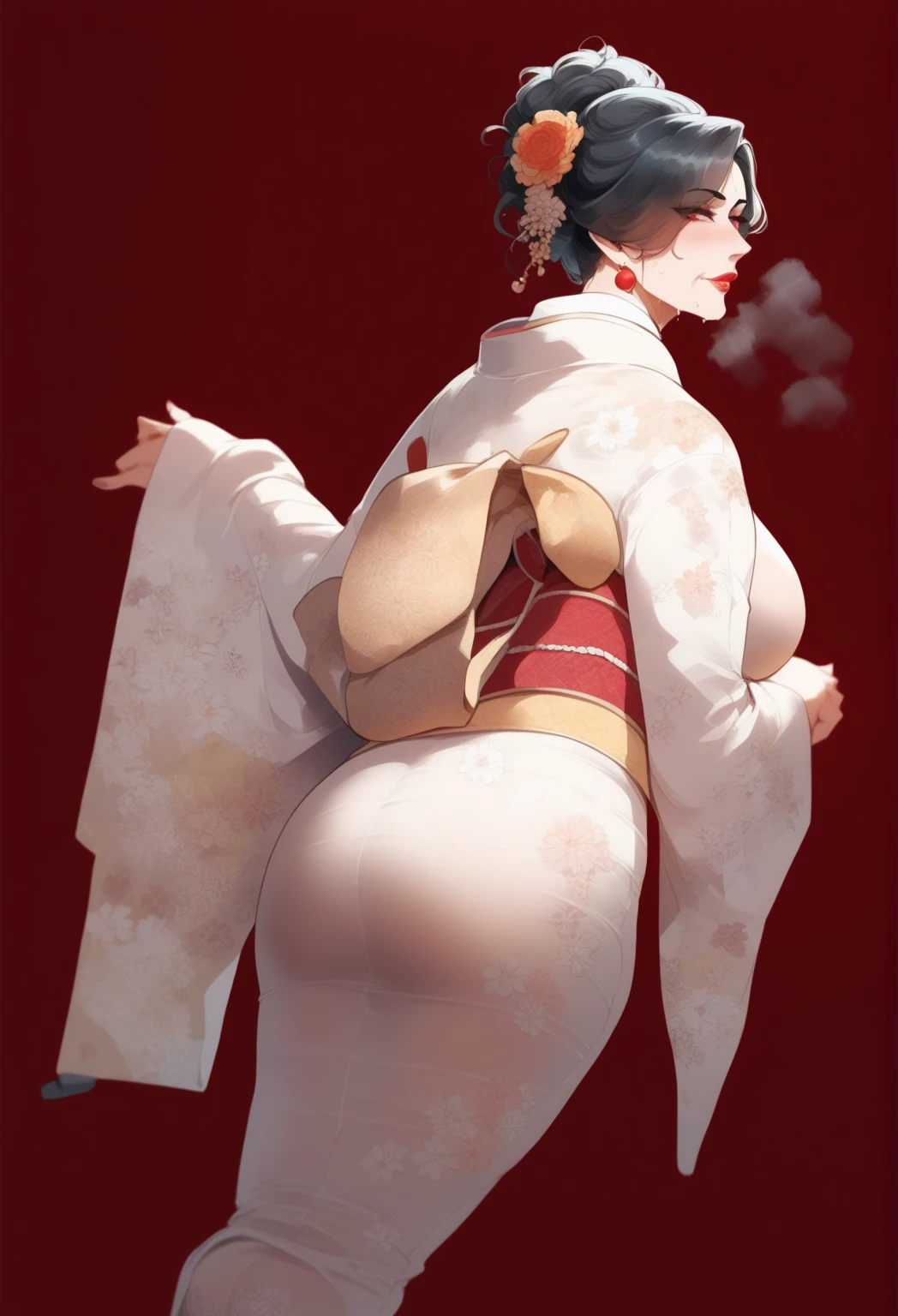 score_9, score_8_    up, score_7_    up, score_6_    up,     source_Anime,    one girl ,, Alone, Gilf、  grandma  、  grandmother  ,     black hair, sweat,   split bang、Forehead,   watch viewers ,Wanbang hair,     red eyes,、   troubled face, Big Breasts ,   steam body , ruanyi0712 ,floral print,yellow kimono,obijime, sandals ,or,wide sleeves