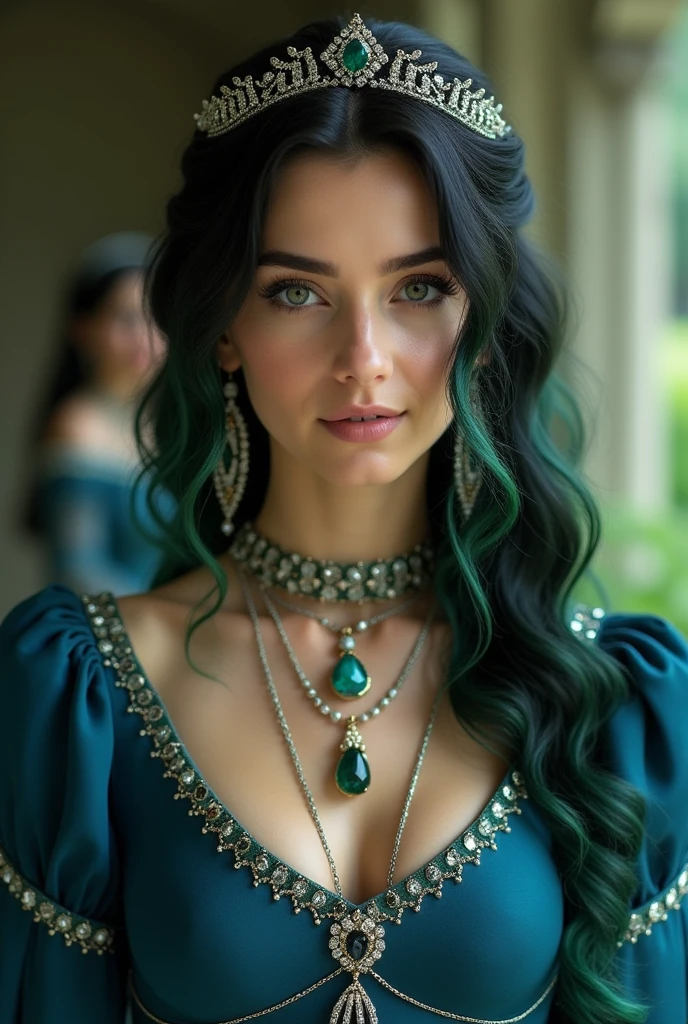 1girls, Nur, green Hair , 24 years old , medieval, portrait photo of a 24-year-old princess in a blue dress, emerald diamond necklaces, earrings and jewellery, intricate details, short hair, her hair should be at shoulder level and slightly above her shoulder, the ends of her hair will be green, especially green, an elegant thin small crown of diamonds on her head.Best Quality, 8K, Masterpiece:1.3)), Focus: 1.2, Perfect Body Beauty: 1.4, Hips: 1.2, ,  High Detail Facial and Skin Texture, Thin Eyes, Double Eyelids, , Smile, 