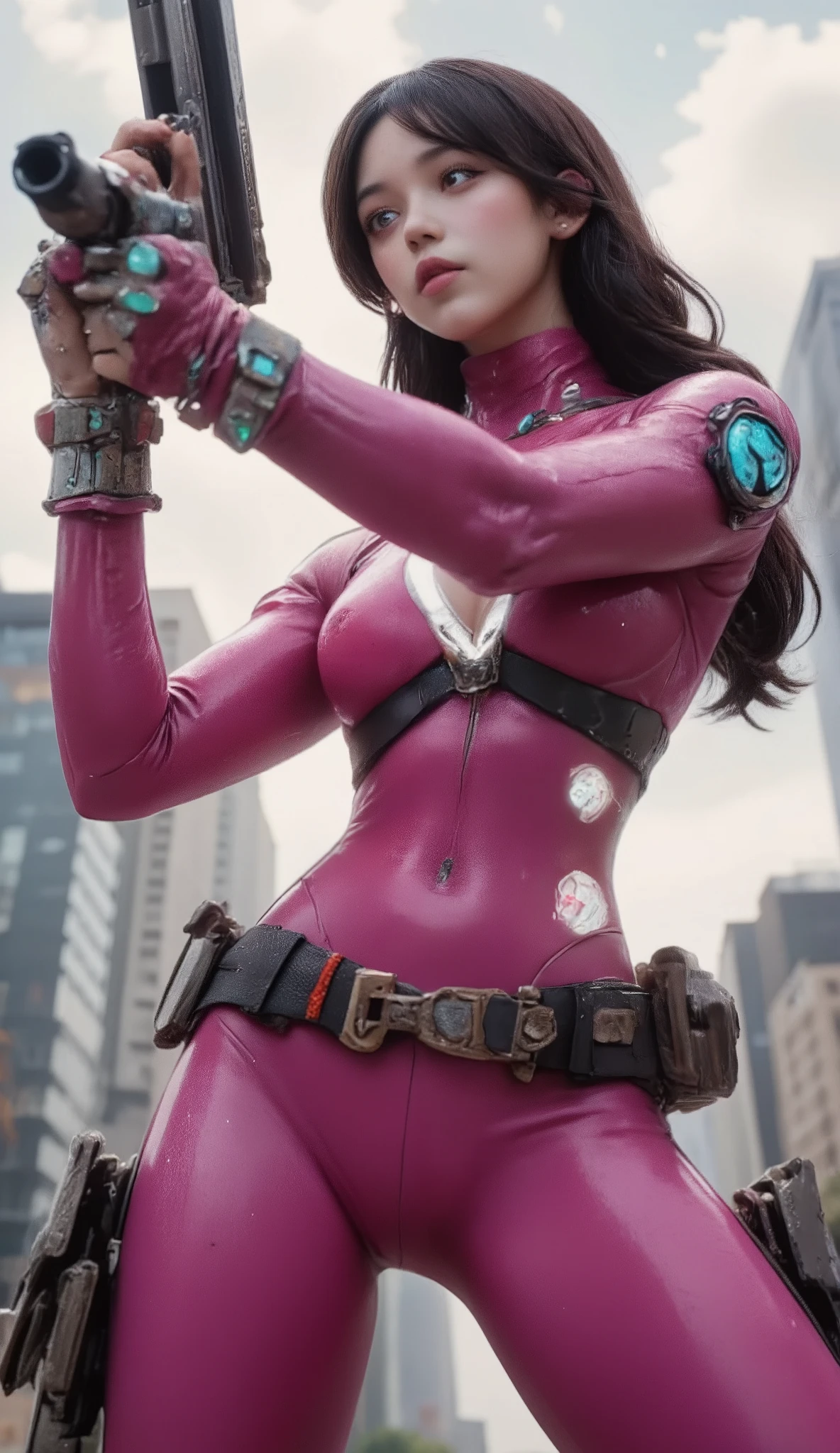  CUTE WOMAN ANDROID  , heavy weapons,  Glowing Joints and Gaps  , 新  very detailed ,  bright color ,  dynamic poses,  high-definition face and eyes ,  Glowing White Joints and Gaps , Shiny parts , Pastel Palette,  photorealistic ,  Cinematic Lighting,  Soft Writing ,  chiaroscuro,  Cinematic Lighting、8k, Masterpiece, U  High Resolution  , retina, Masterpiece, Accurate, 解剖学的にAccurate ,  Textured Skin ,  very detailed ,  high detail ,  High Quality  ,  two-bracelet that won a realistic  , 最  High Quality  ,  High Resolution , 1080P,  High Resolution , 16k,  black hair、  Twin Tails、 braids ,  medium breasts,  messy hair, two-tone、City buildings、  cloudy sky、  black hair、 Looking up at the sky 、 pink body、
