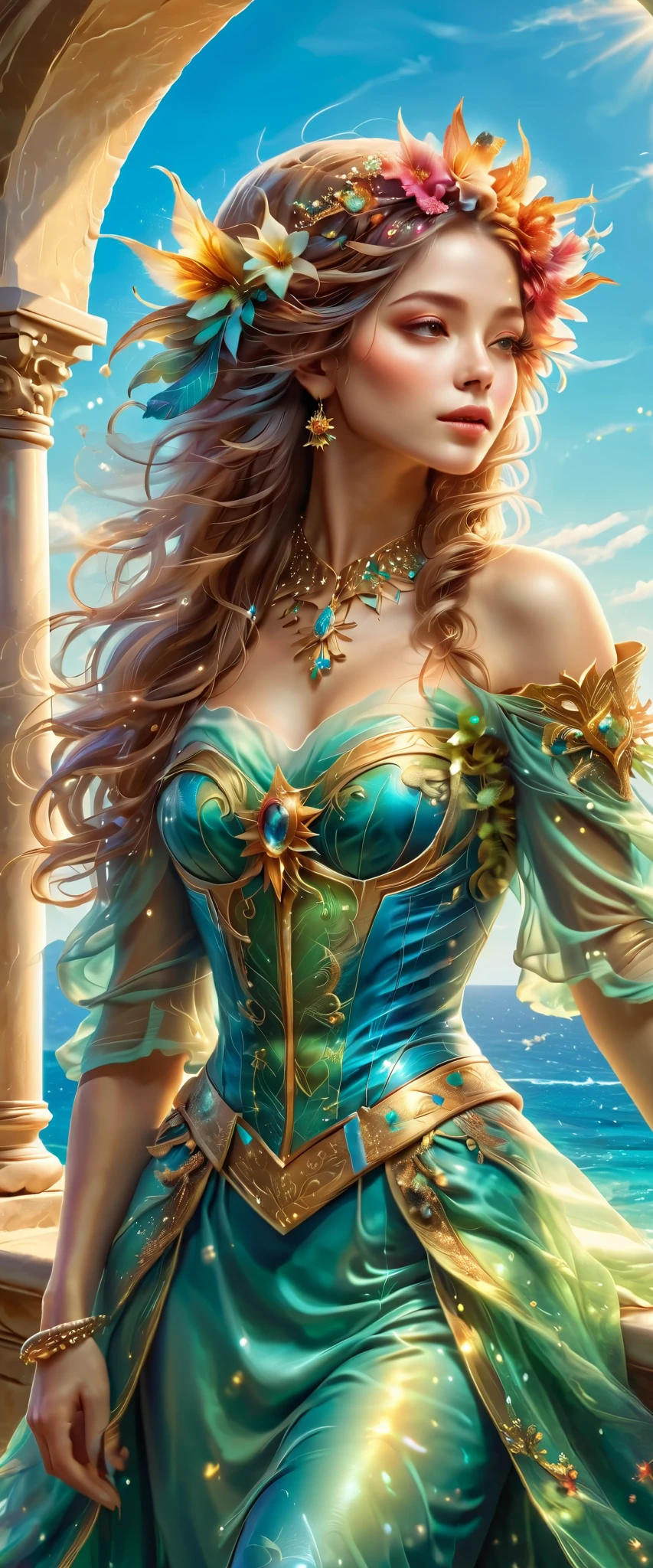 A woman in a green dress standing on a balcony near the ocean - SeaArt AI
