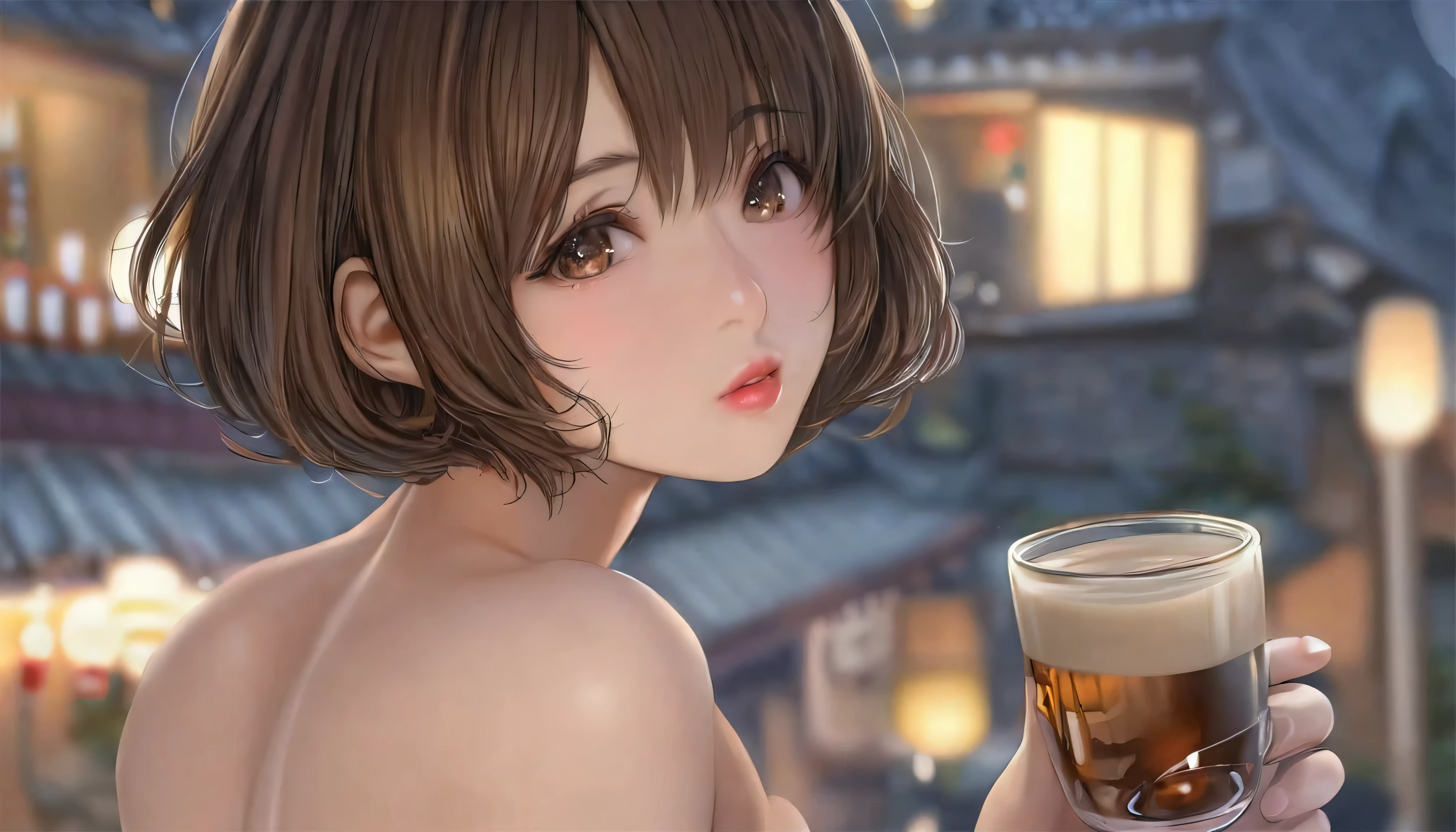 Japanese woman with short hair, outdoor whitening, unruly hair,  so cute,  soft and face ,  brown hair,  8k resolution,  super real,  Ultra Fine, Soft Body Toned Up Butt Night , Small cup (( Highest Resolution , 8k, Masterpiece: 1.3)),  Ultra Fine Face,  Ultra Fine Lips,  beautiful eyes,  double eyelid 