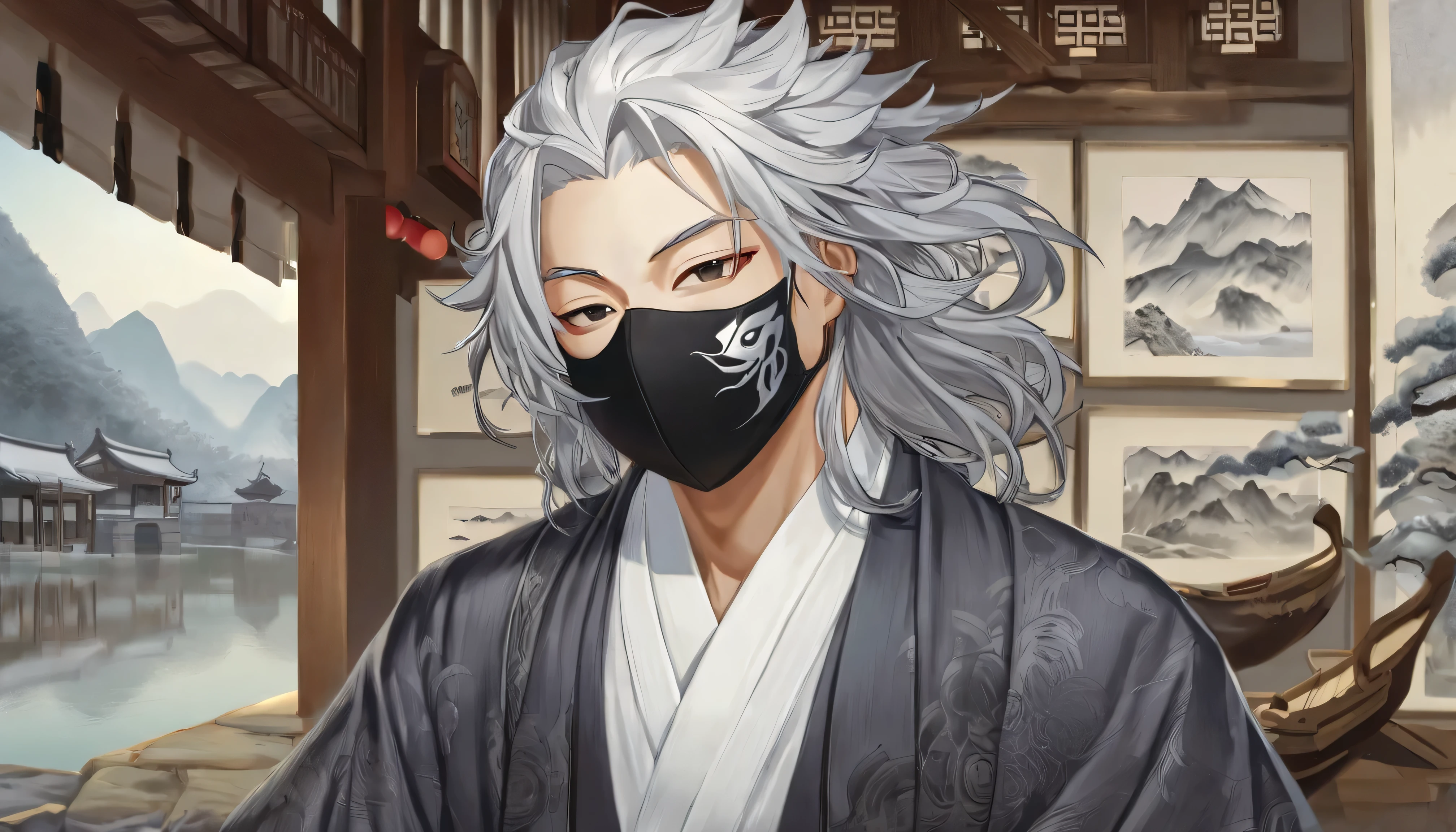 Masterpiece, Close up of a gray-haired man wearing a white mask, Beautiful Portraits, Gveiz,  Guwiz style artwork , White Haired God, Yang Jay,  Epic and exquisite character art,  Stunning Character Art , Fan Chi, Wu Jun Shifan, Gu Vitz in Pixiv Art Station,  antique, Mountains and Rivers