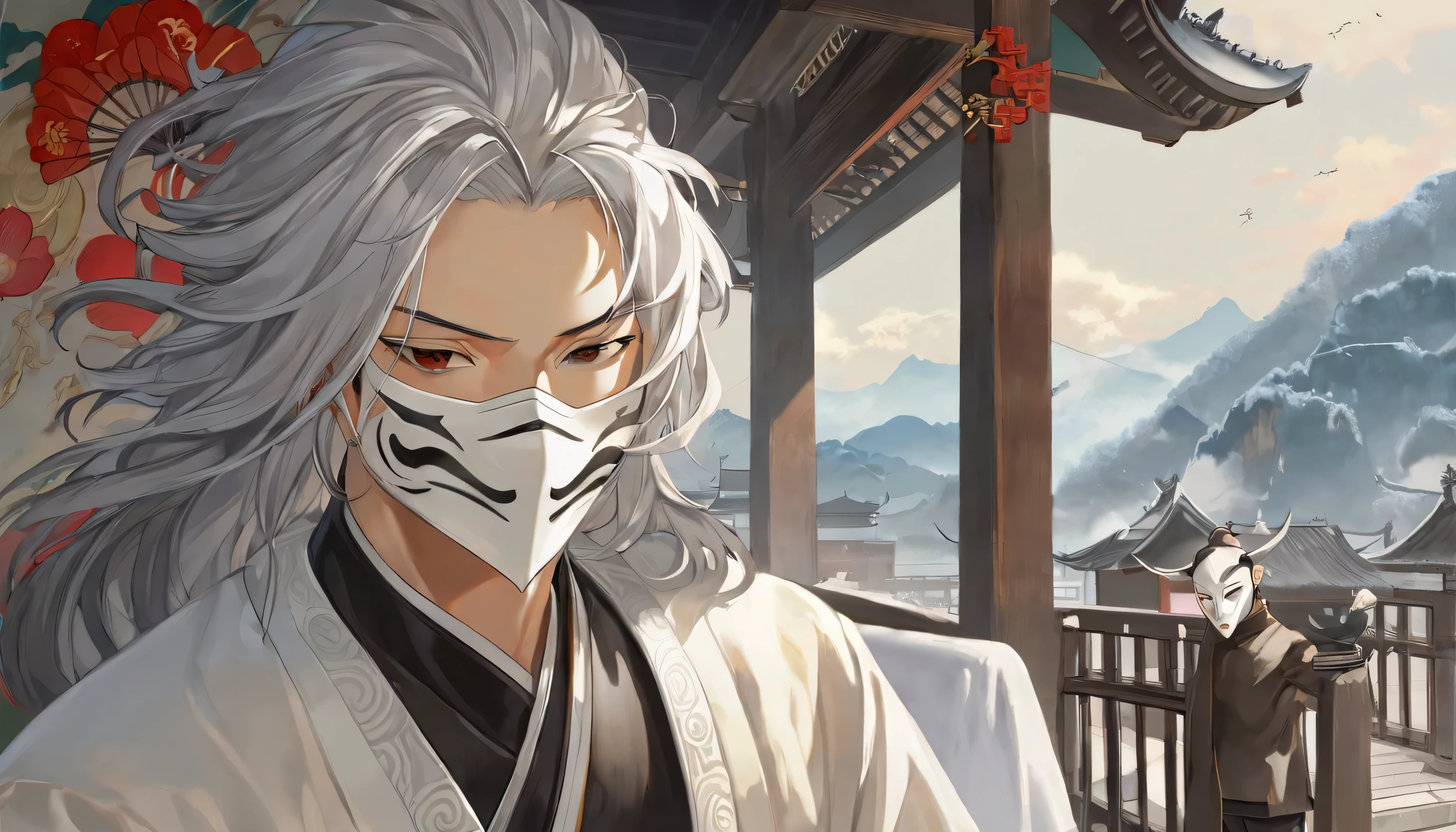 Masterpiece, Close up of a gray-haired man wearing a white mask, Beautiful Portraits, Gveiz,  Guwiz style artwork , White Haired God, Yang Jay,  Epic and exquisite character art,  Stunning Character Art , Fan Chi, Wu Jun Shifan, Gu Vitz in Pixiv Art Station,  antique, Mountains and Rivers