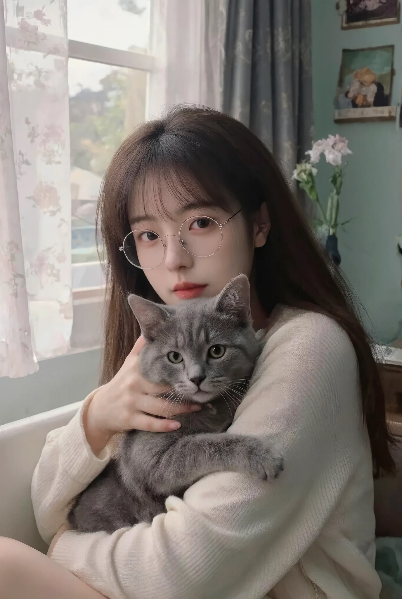 Emotional Photos, 35mm film, soft focus, young Japanese woman, Round Glasses, A refreshing morning, Holding a cat