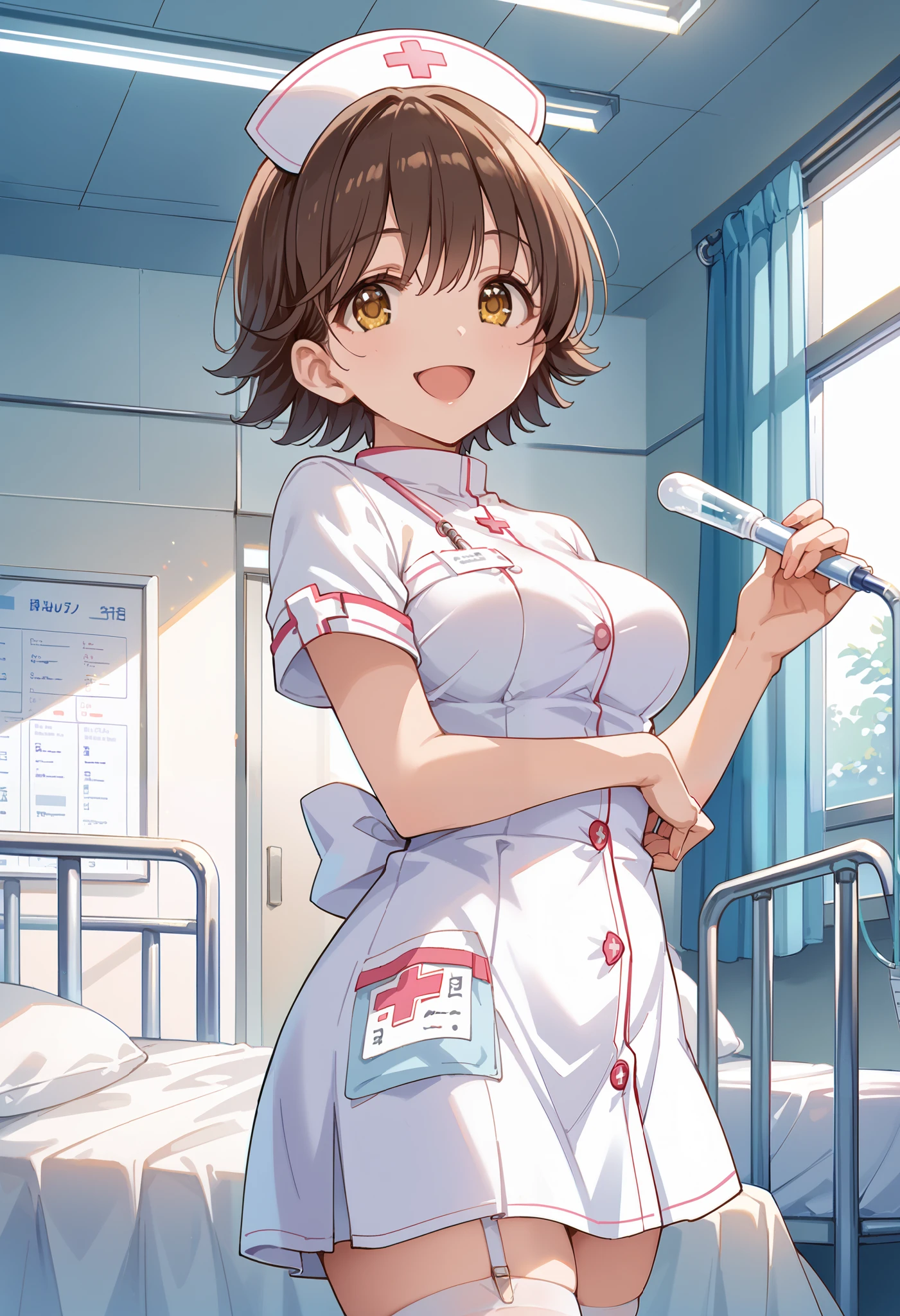 score_9, score_8_up, score_7_up, source_anime, hndmo, short hair, brown hair, yellow eyes, medium breasts, masterpiece best quality, (best quality), (high quality), {masterpiece}, extremely delicate and beautiful, ultra-detailed, beautiful detailed eyes, nurse, nurse hat, ((white nurse's outfit)), white legwear, zettai ryouiki, hospital room, smile, open mouth, standing