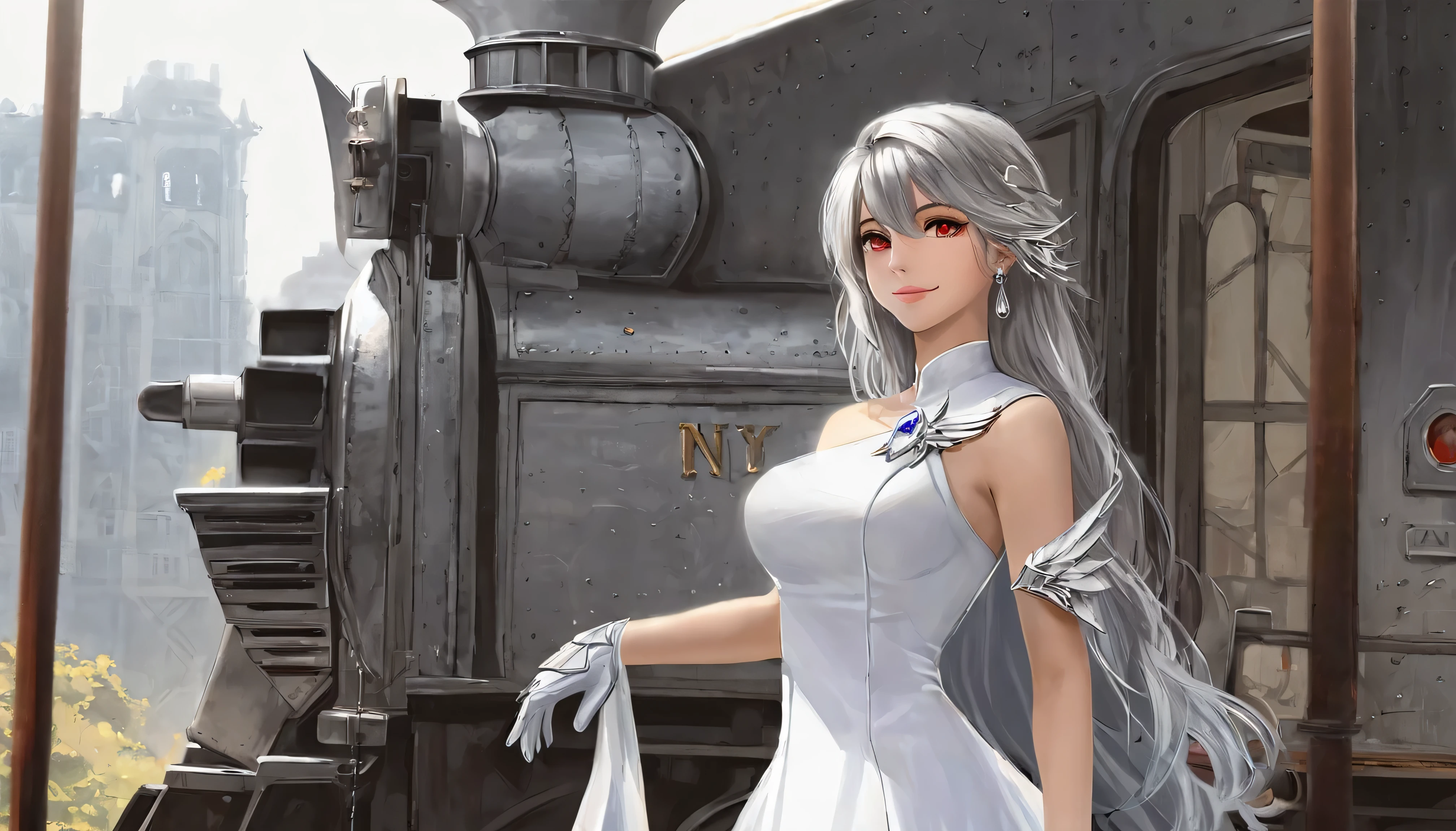 (  realistic paint style :0.9), Masterpiece,  top quality,   That&#39;s ridiculous.,  is looking, alone, Railway ( Silverwing n-ex ), Railway,  red eyes,  from the side 1 girl , alone, chest,  long hair,  dress,  gray hair,  Cleveland ,  is looking, smile,  Closed Her Mouth , bangs,  gray eyes,   jewelry, 片手 gloves,  earrings, white  dress,  gloves, Bare shoulders, Sleeveless  dress,  drill hair, Sleeveless,   single sleeve that grabs air ,  hair between your eyes, large chest,  twin drill, White sleeves,  hair ornament ,  SINGLE SHOULDER ARMOR , city,   knight 