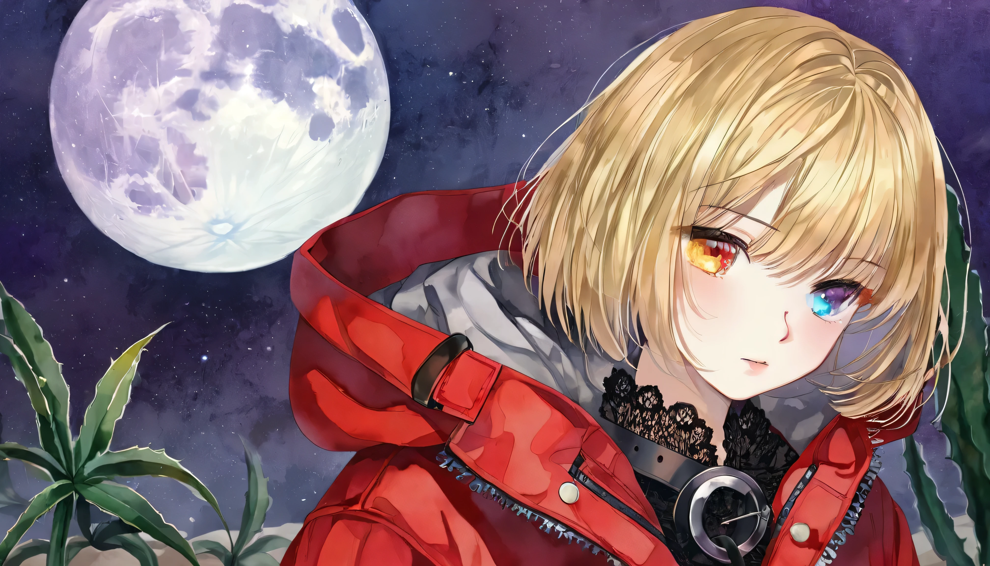 ((sand漠, sand, sand丘, Refraction effect,  moon)), (Masterpiece,  top quality), ( from the side 1 girl ), (Alone), (( portrait)),  perfect face, ((Heterochromia, Blonde and purple hair, ((Red long parka)), Gothic unnecessary belts are everywhere,  mole under eye)), the background is a beautiful sand漠 with cactus, Tumbleweed, Cinematic Light,  moonny day,  dramatic lighting,  more details, 8k, watercolor, Dainty, delicate (Gothic Lace, Gothic Rose, Goth aesthetic)