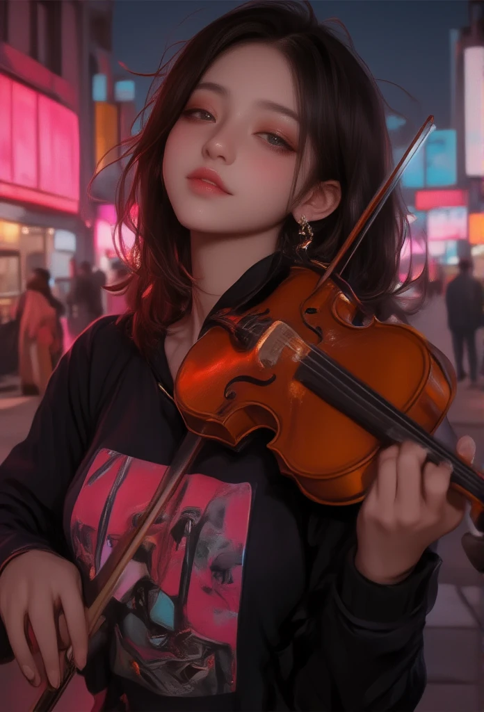 detailed hands
prompt:,
- description: "(masterpiece, 4K, 8k, high resolution, ultra-detailed:1.2),(realistic, photorealistic, photo-realistic:1.37),A young and cute woman playing the violin dynamically on an urban street at night,with vibrant neon lights in the background. She appears immersed in the music,fully enjoying it from her heart. Her eyes are gently closed,with a soft smile on her lips,as she lets herself flow with the music. Her hair moves naturally,with a soft glow,and her hands are positioned accurately,with fingers precisely placed on the strings and bow. The background shows a lively cityscape with neon lights,softly blurred to add depth and convey the urban atmosphere. Neon lights softly reflect off her skin and instrument,enhancing her serene smile and peaceful expression.",
- style: "Photorealistic,ultra-detailed,night scene",
- details:,
- "Full or upper body visible,taking a dynamic performance pose on an urban street at night",
- "Accurate details of hands and fingers",
- "Powerful posture,firmly holding the violin and moving the bow dynamically",
- "Gently closed eyes and a soft smile,fully immersed in the music",
- "Hair moving naturally with a soft shine",
- "High-resolution details capturing skin,hair,gently closed eyes,and soft smile",
- "Lively neon cityscape in the background,with a soft blur",
- attire: "Casual,stylish attire suitable for an urban night scene",
- facial_expression: "Enjoying the music wholeheartedly, eyes gently closed,with a soft smile on her lips",
- lighting: "Natural reflections from neon lights on her face,hair,and instrument",
- color_tone: "Vibrant neon tones with realistic balance",
- model_pose: "Dynamic,energetic pose as she holds the violin and performs with movement",