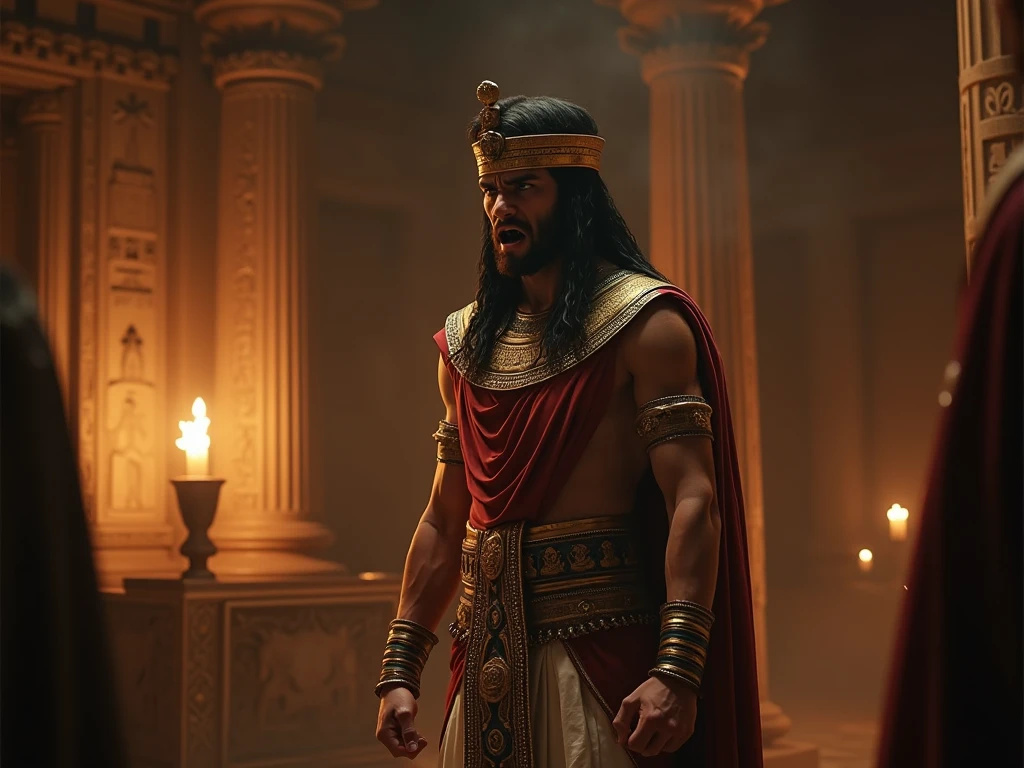 Masterpiece, Best quality, high resolution, ((realistic)), (((NSFW))), full body shot, 50 years old, last natural Pharaoh of Egypt, Nectanebo II, wearing the pschent, double crown of Egypt, bulgeJ8, famed magician and astrologist, standing beside a table showing battle field maps, include servant Mentor of Rhodes serving wine to Nectanebo II, large stone room, lit by Oil lamps, 