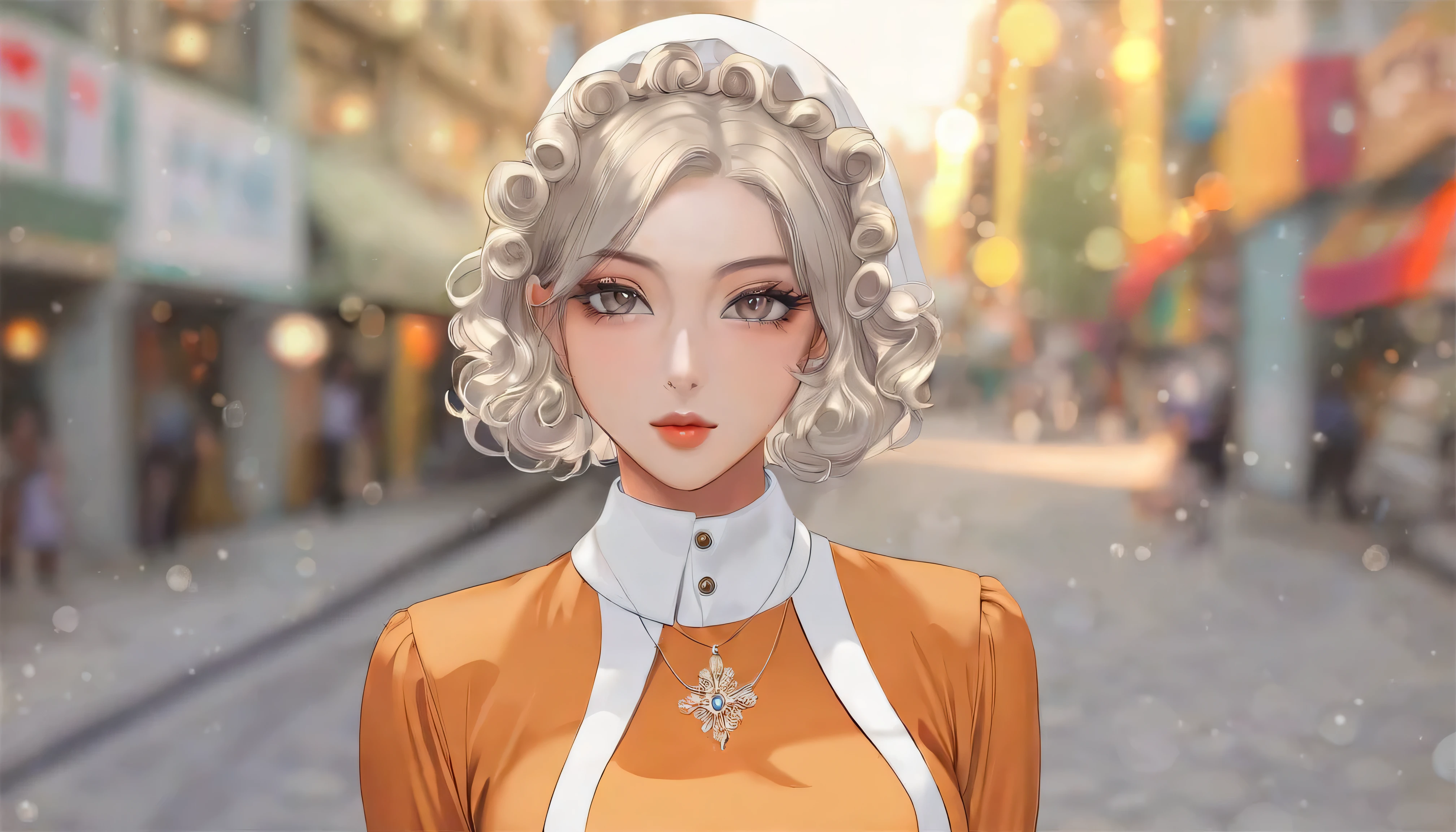 Curly Bob Cut,  platinum-haired woman wearing an orange collared shirt is posing for a photo in the city,  8k artgerm bokeh ,   well-balanced body  , 美しい Korean woman , Gorgeous Necklace, 美しい若い Korean woman ,  Soft Portrait Shot 8k,  Korean Girl, Double eyelids and narrow eyes, Beautiful grey eyes, Trans8K,  cute young woman,  Korean woman ,  beautiful blonde girl wearing nun cosplay