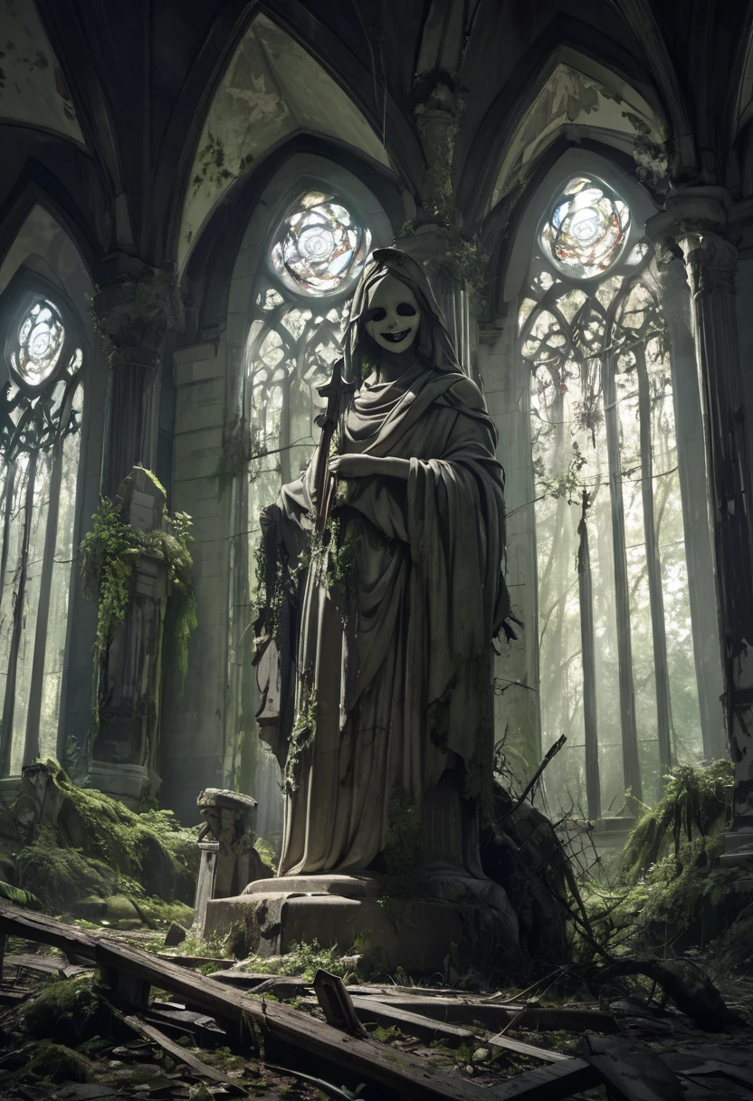 The Cursed Statue in the Deep of the Forest's Unnaturally Friendly Smile , an abandoned church , Something weathered is scattered , A decaying world , Dark Horror