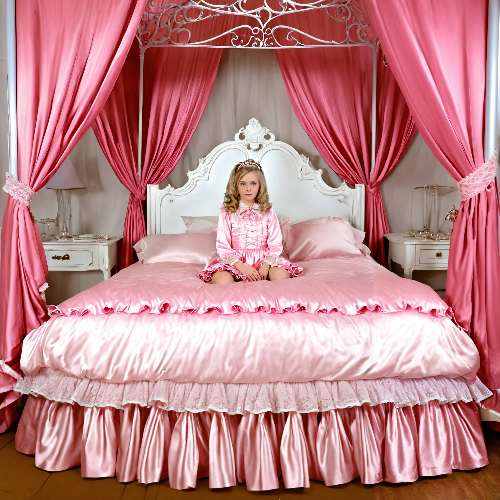 ((A cute girl on the bed:1.0)),(()),short body height,detailed baby face,small fa silk satiblouse and skirt,medium dress,detailed ribbons,detailed lace petticoat,long sleeves,frilled sleeves,, blue eyes, rolled long blond hear, a bed with a mountain of pink silk satin pillows,((pink cute king size canopy bed:1.0)),more big bed,lot of pink silk satin frilled plump qulited pillows,more pillows, ((A plump qulited pink silk satin soft devet)),devet decorated ribbons, ruffles lace silk.retro white pipe bed frame, realistic,((Out of frame bigger king size bed:1.4)),frilled silk satin curtains,