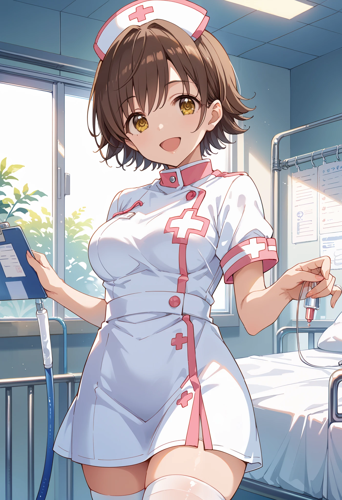 score_9, score_8_up, score_7_up, source_anime, hndmo, short hair, brown hair, yellow eyes, medium breasts, masterpiece best quality, (best quality), (high quality), {masterpiece}, extremely delicate and beautiful, ultra-detailed, beautiful detailed eyes, nurse, nurse hat, ((white nurse's outfit)), white legwear, zettai ryouiki, hospital room, smile, open mouth, standing
