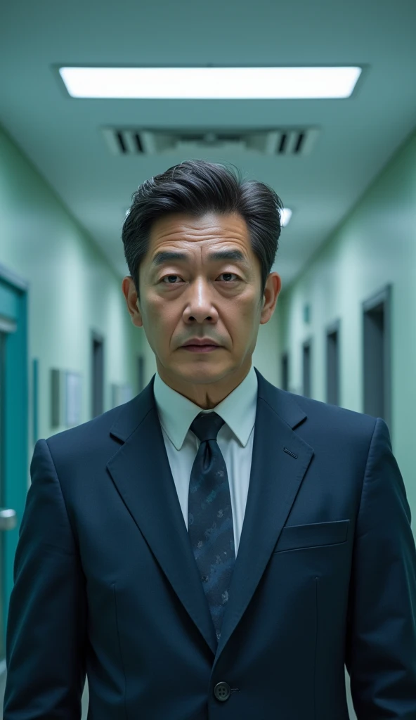 A Korean man in his 40s appears at a urology hospital in Seoul, South Korea. The sick patient is a man wearing a navy suit. The sick patient looks at the camera under bright lights and tries to talk about something. Dramatically composed of movie-like scenes