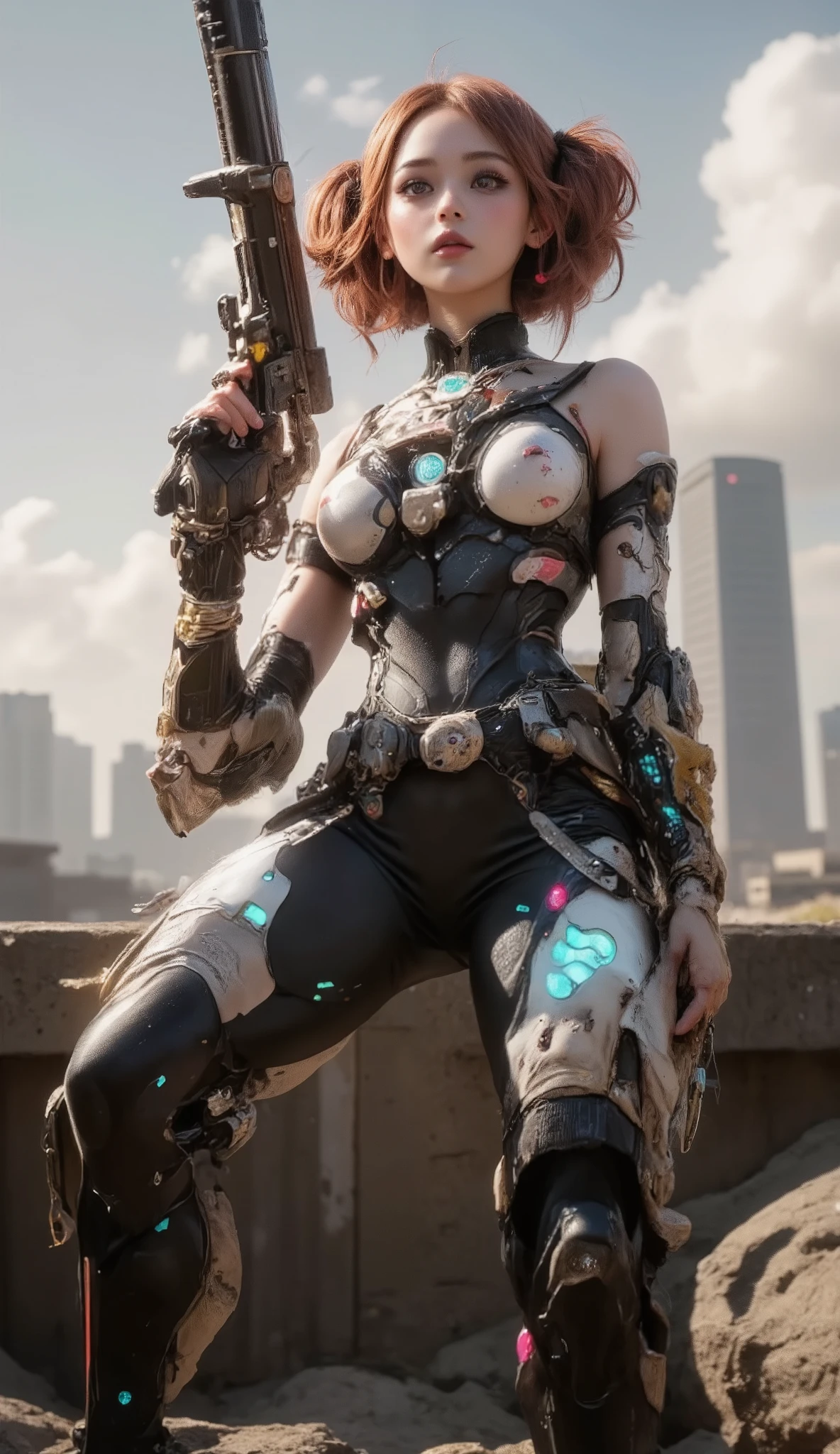  CUTE WOMAN ANDROID  , heavy weapons,  Glowing Joints and Gaps  , 新  very detailed ,  bright color ,  dynamic poses,  high-definition face and eyes ,  Glowing White Joints and Gaps , Shiny parts , Pastel Palette,  photorealistic ,  Cinematic Lighting,  Soft Writing ,  chiaroscuro,  Cinematic Lighting、8k, Masterpiece, U  High Resolution  , retina, Masterpiece, Accurate, 解剖学的にAccurate ,  Textured Skin ,  very detailed ,  high detail ,  High Quality  ,  two-bracelet that won a realistic  , 最  High Quality  ,  High Resolution , 1080P,  High Resolution , 16k,  black hair、  Twin Tails、 braids ,  medium breasts,  messy hair, two-tone、City buildings、  cloudy sky、  black hair、 Looking up at the sky 、 pink body、
