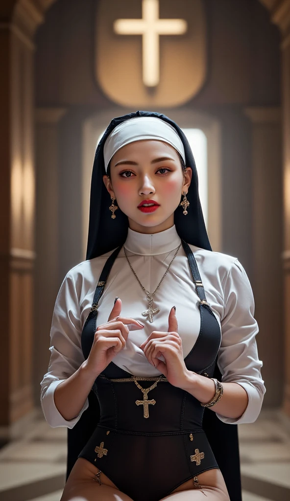  a 25 year old woman ,  sits front facing, In church ,  using sexy nun uniform,  both hands squeezing both breasts ,  thick dark red lips , very detailed image quality ,  using a cross necklace 