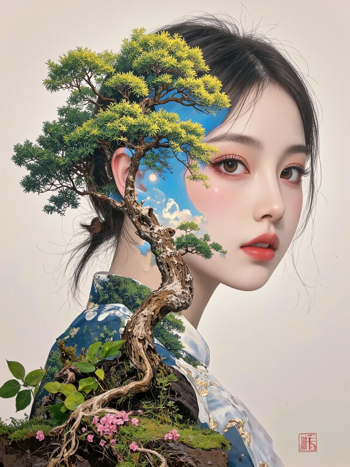 Shadaria Kalil, a surreal double exposure portrait that blends a woman’s face with a natural landscape, The woman’s face blends with elements such as trees and moss, with rich greens and earth tones, the upper part of her face blends with vibrant, leafy treetops, while her eye is a vivid brown, reflecting the earth, The lower part of her face blends with mossy ground and tree roots, creating a smooth transition between human and nature, Outside of her face, you can see the sky and nature, The overall mood is dreamy and mystical, with rich, contrasting colors and intricate details,