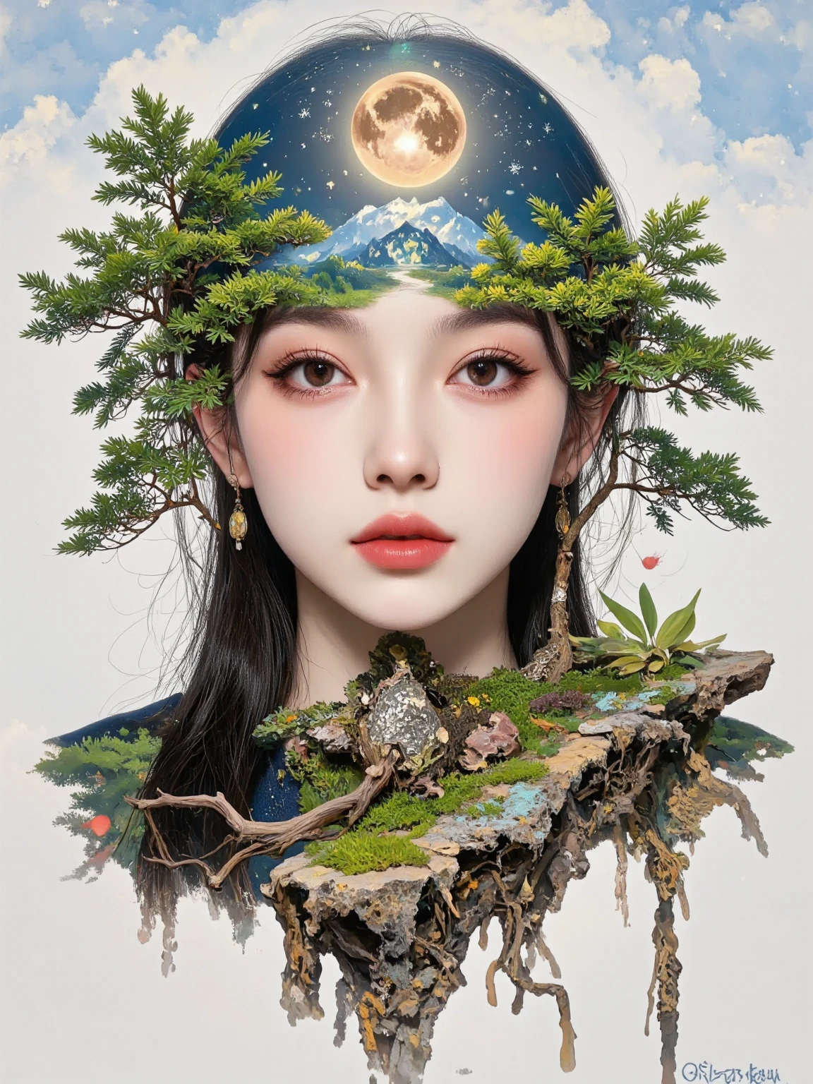 Shadaria Kalil, a surreal double exposure portrait that blends a woman’s face with a natural landscape, The woman’s face blends with elements such as trees and moss, with rich greens and earth tones, the upper part of her face blends with vibrant, leafy treetops, while her eye is a vivid brown, reflecting the earth, The lower part of her face blends with mossy ground and tree roots, creating a smooth transition between human and nature, Outside of her face, you can see the sky and nature, The overall mood is dreamy and mystical, with rich, contrasting colors and intricate details,