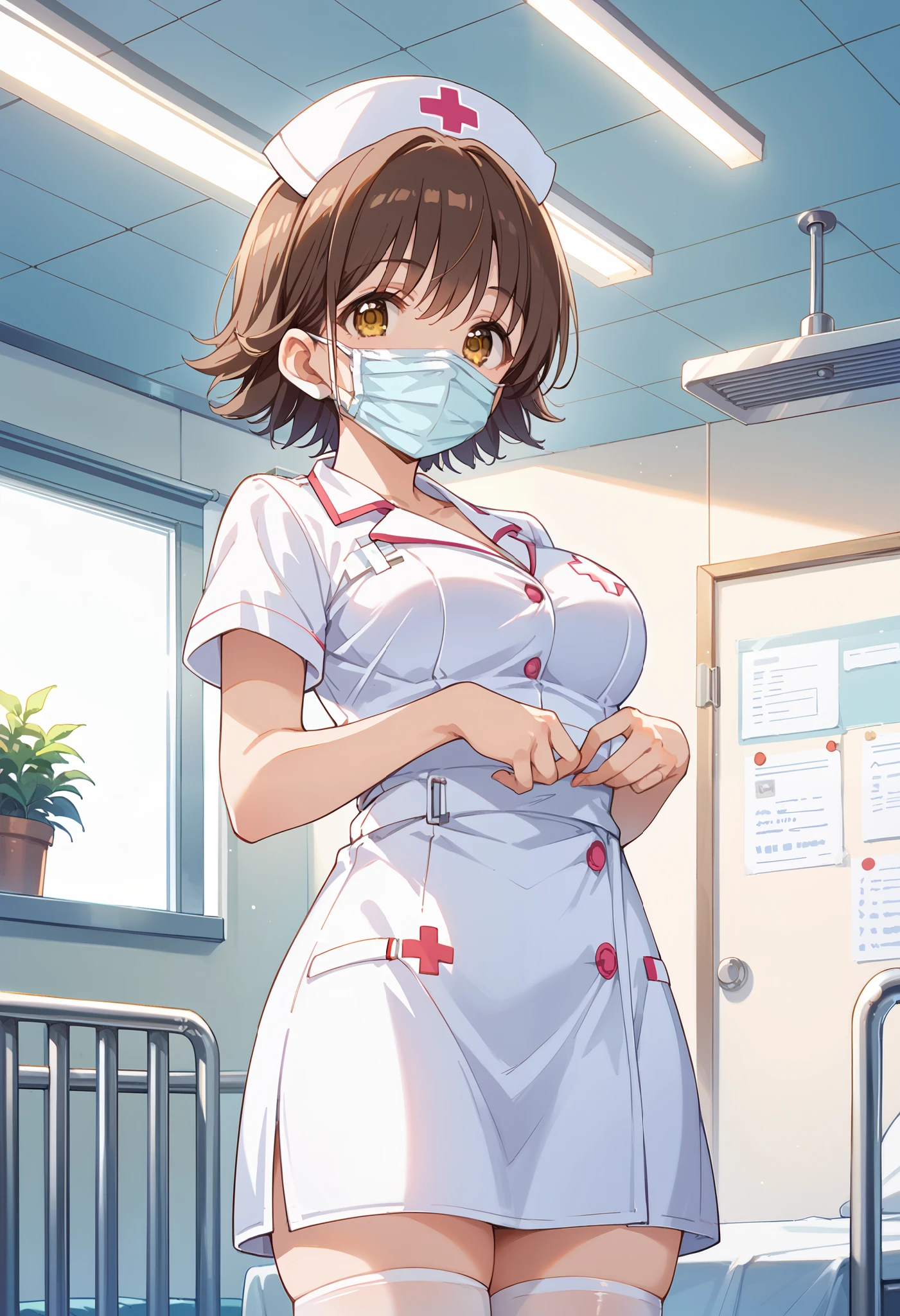 score_9, score_8_up, score_7_up, source_anime, hndmo, short hair, brown hair, yellow eyes, medium breasts, masterpiece best quality, (best quality), (high quality), {masterpiece}, extremely delicate and beautiful, ultra-detailed, beautiful detailed eyes, nurse, nurse hat, ((white nurse's outfit)), white legwear, zettai ryouiki, hospital room, ((white surgical mask, covered nose)), standing