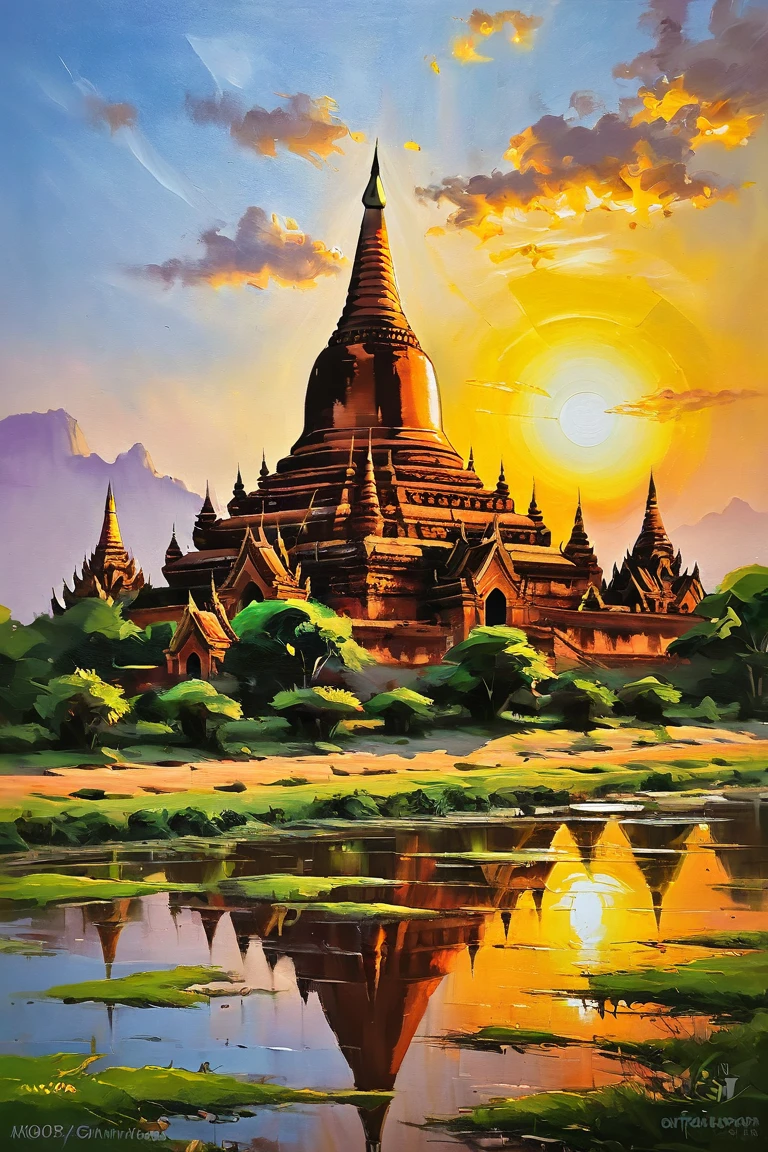 Oil painting of Myanmar,Bagan ancient Pagoda , sunset sense, ultra detailed,