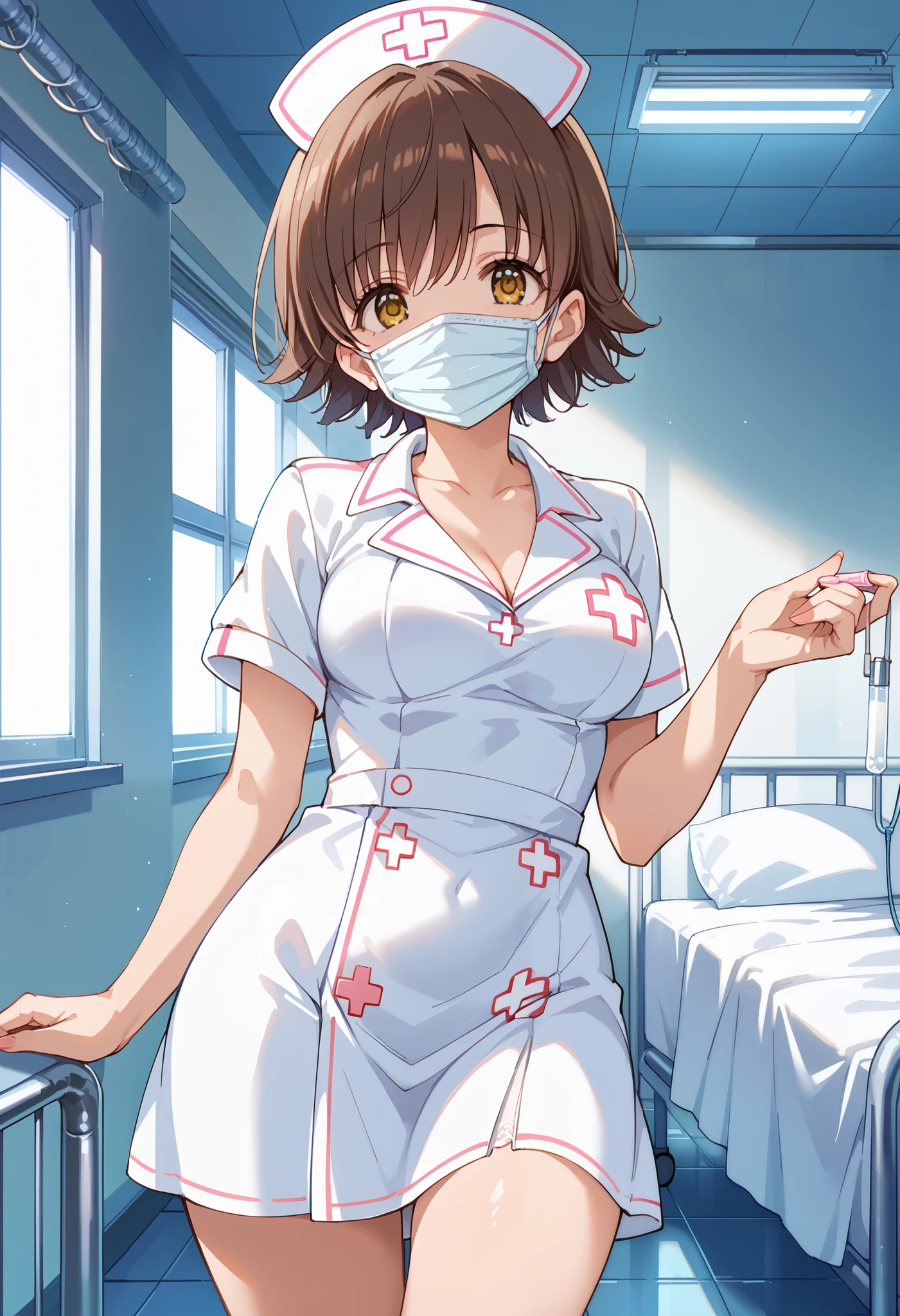 score_9, score_8_up, score_7_up, source_anime, hndmo, short hair, brown hair, yellow eyes, medium breasts, masterpiece best quality, (best quality), (high quality), {masterpiece}, extremely delicate and beautiful, ultra-detailed, beautiful detailed eyes, nurse, nurse hat, ((white nurse's outfit)), white legwear, zettai ryouiki, hospital room, ((white surgical mask, covered nose)), standing