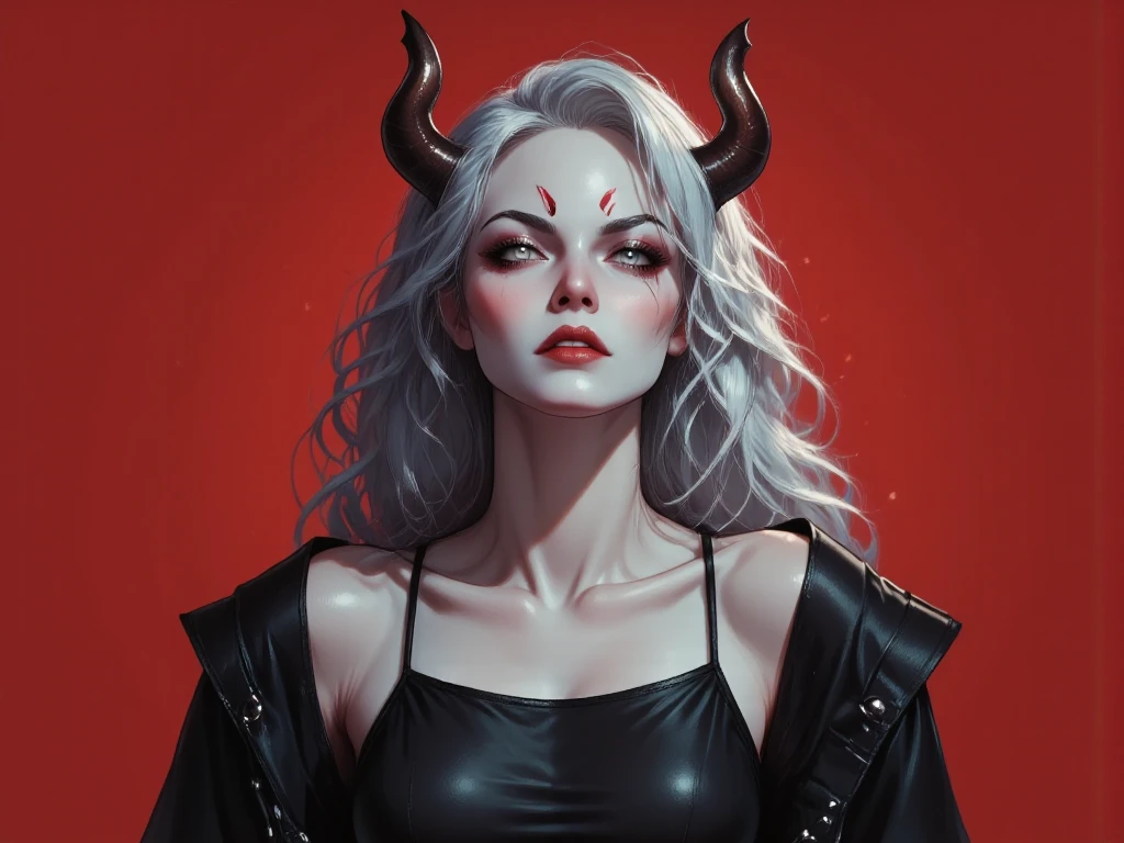 1girl, cute girl, sexy, solo, looking at viewer, monochrome, greyscale, bunt bangs, purple eyes, white hair, long hair, parted lips, horns, black background, portrait, cyberpunk, gothic, biopunk, dated, retro art, romantic, 
<lora:GRIMM_v1-000015:0.6> <lora:cyber_punk_manicPanic_v3.5:0.5>  <lora:YOSHITAKA AMANO Style:0.3>