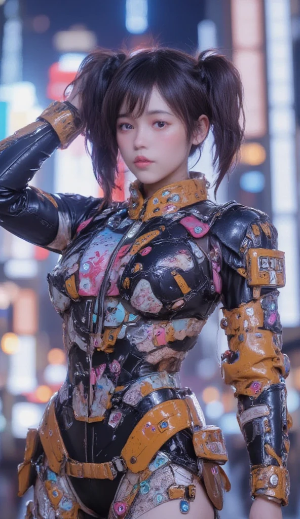  CUTE WOMAN ANDROID  , heavy weapons,  Glowing Joints and Gaps  , 新  very detailed ,  bright color ,  dynamic poses,  high-definition face and eyes ,  luminescent white joints and gaps , Shiny parts , Pastel Palette,  photorealistic ,  Cinematic Lighting,  Soft Writing ,  chiaroscuro,  Cinematic Lighting、8k, Masterpiece, U  High Resolution  , retina, Masterpiece, Accurate, 解剖学的にAccurate ,  Textured Skin ,  very detailed ,  high detail ,  High Quality  ,  two-bracelet that won a realistic  , 最  High Quality  ,  High Resolution , 1080P,  High Resolution , 16k,  black hair、  Twin Tails、 braids ,  big breasts in okunai,  messy hair, two-tone、City buildings、  cloudy sky、  black hair、 Looking up at the sky 、 pink body、
