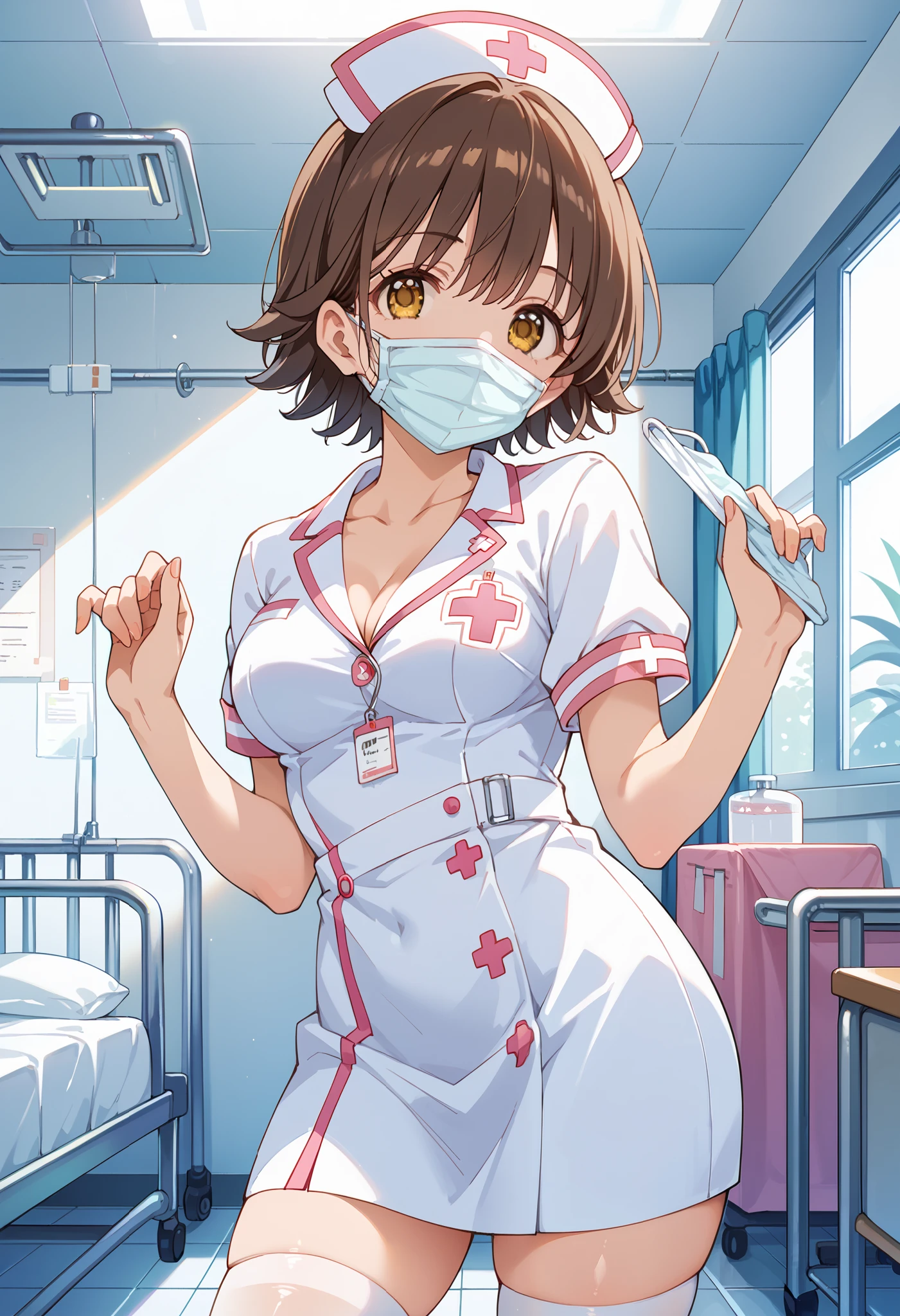 score_9, score_8_up, score_7_up, source_anime, hndmo, short hair, brown hair, yellow eyes, medium breasts, masterpiece best quality, (best quality), (high quality), {masterpiece}, extremely delicate and beautiful, ultra-detailed, beautiful detailed eyes, nurse, nurse hat, ((white nurse's outfit)), white legwear, zettai ryouiki, hospital room, ((white surgical mask, covered nose)), standing