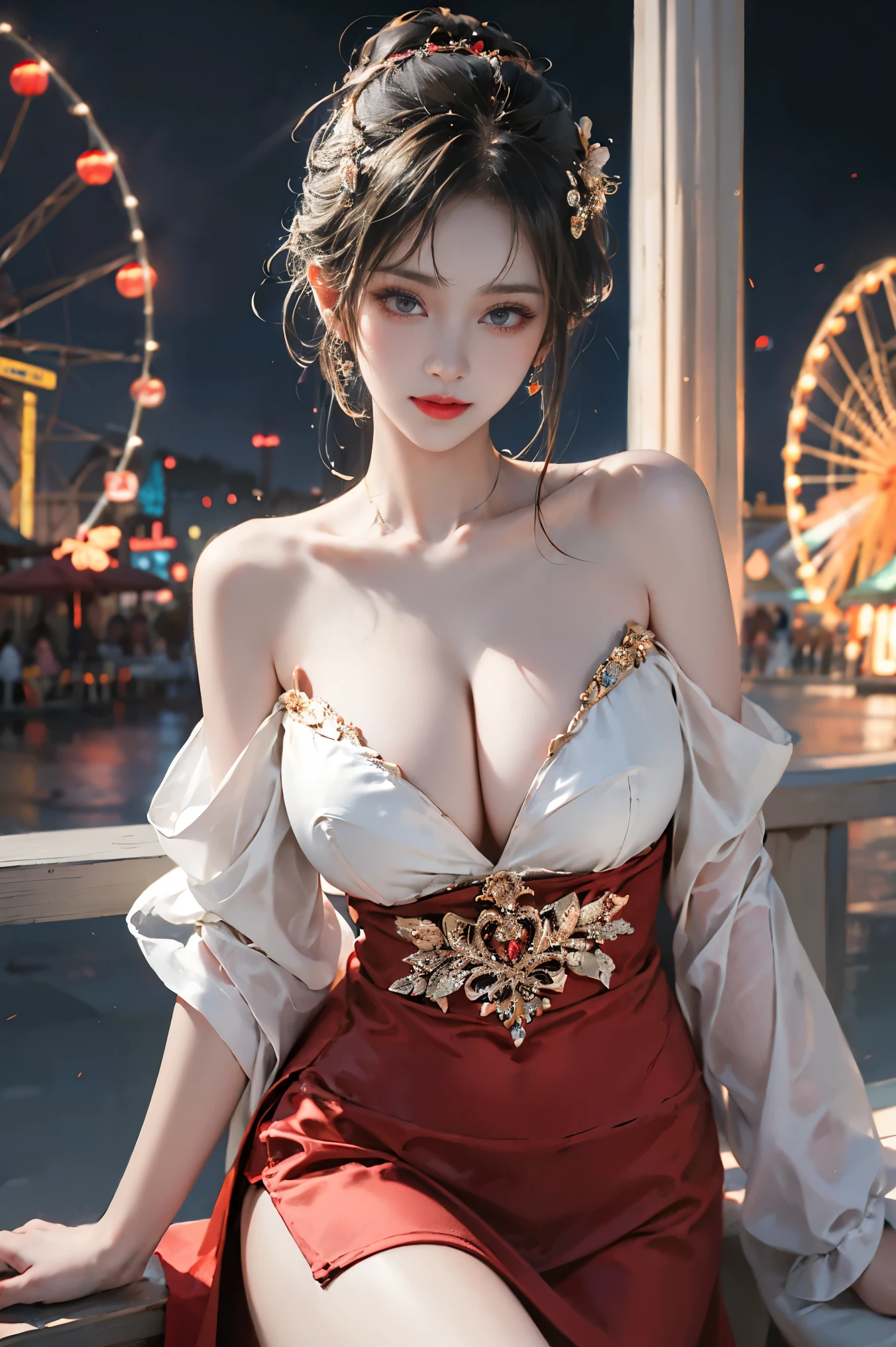 Special clothes43,hair bun,china dress,hair ornament, ((Portrait-oriented, focusing on the subject's body above the calves)), (from below:1.2), (Full chest, deep V-neck, visible cleavage), (I-type Valley), Realistic beautiful woman, sexy long-legged model, in an amusement park scene, standing gracefully with elegance.   The model's pose features a slight knee bend on one leg, while one hand elegantly lifts the hem of her skirt up to her thigh. soft natural makeup, and her hair flows beautifully in the gentle breeze.   The amusement park background includes colorful attractions, a Ferris wheel, and festive lighting, creating a lively and vibrant atmosphere.   Photorealistic lighting and shadows, high detail, 4K resolution.