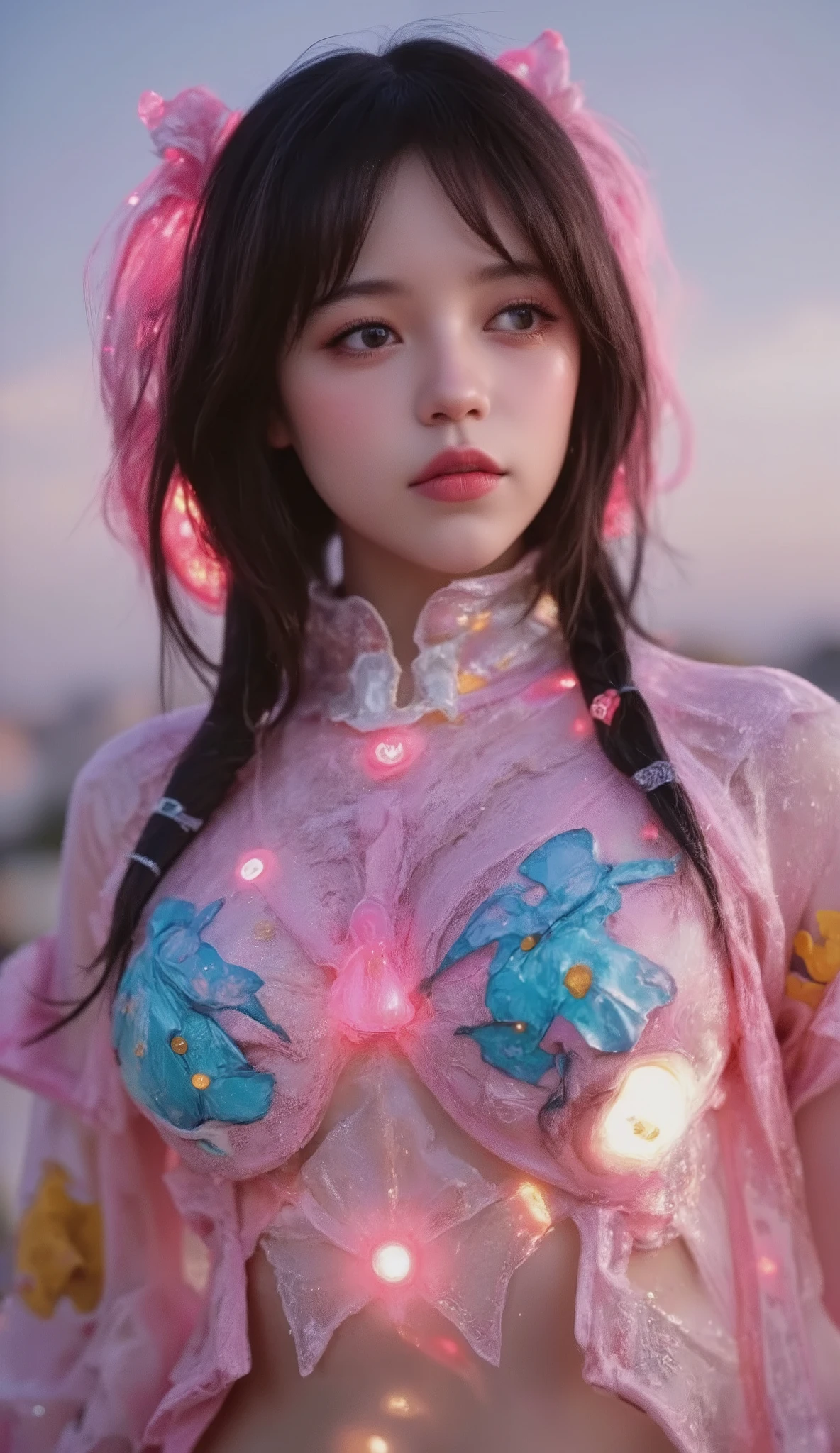  CUTE WOMAN ANDROID  , heavy weapons,  Glowing Joints and Gaps  , 新  very detailed ,  bright color ,  dynamic poses,  high-definition face and eyes ,  luminescent white joints and gaps , Shiny parts , Pastel Palette,  photorealistic ,  Cinematic Lighting,  Soft Writing ,  chiaroscuro,  Cinematic Lighting、8k, Masterpiece, U  High Resolution  , retina, Masterpiece, Accurate, 解剖学的にAccurate ,  Textured Skin ,  very detailed ,  high detail ,  High Quality  ,  two-bracelet that won a realistic  , 最  High Quality  ,  High Resolution , 1080P,  High Resolution , 16k,  black hair、  Twin Tails、 braids ,  big breasts in okunai,  messy hair, two-tone、City buildings、  cloudy sky、  black hair、 Looking up at the sky 、 pink body、
