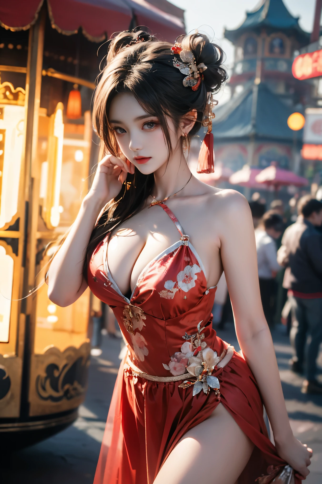 Special clothes43,hair bun,china dress,hair ornament, ((Portrait-oriented, focusing on the subject's body above the calves)), (from below:1.2), (Full chest, deep V-neck, visible cleavage), (I-type Valley), Realistic beautiful woman, sexy long-legged model, in an amusement park scene, standing gracefully with elegance. The model's pose features a slight knee bend on one leg, while one hand elegantly lifts the hem of her skirt up to her thigh. soft natural makeup, and her hair flows beautifully in the gentle breeze. The amusement park background includes colorful attractions, a Ferris wheel, and festive lighting, creating a lively and vibrant atmosphere. Photorealistic lighting and shadows, high detail, 4K resolution.