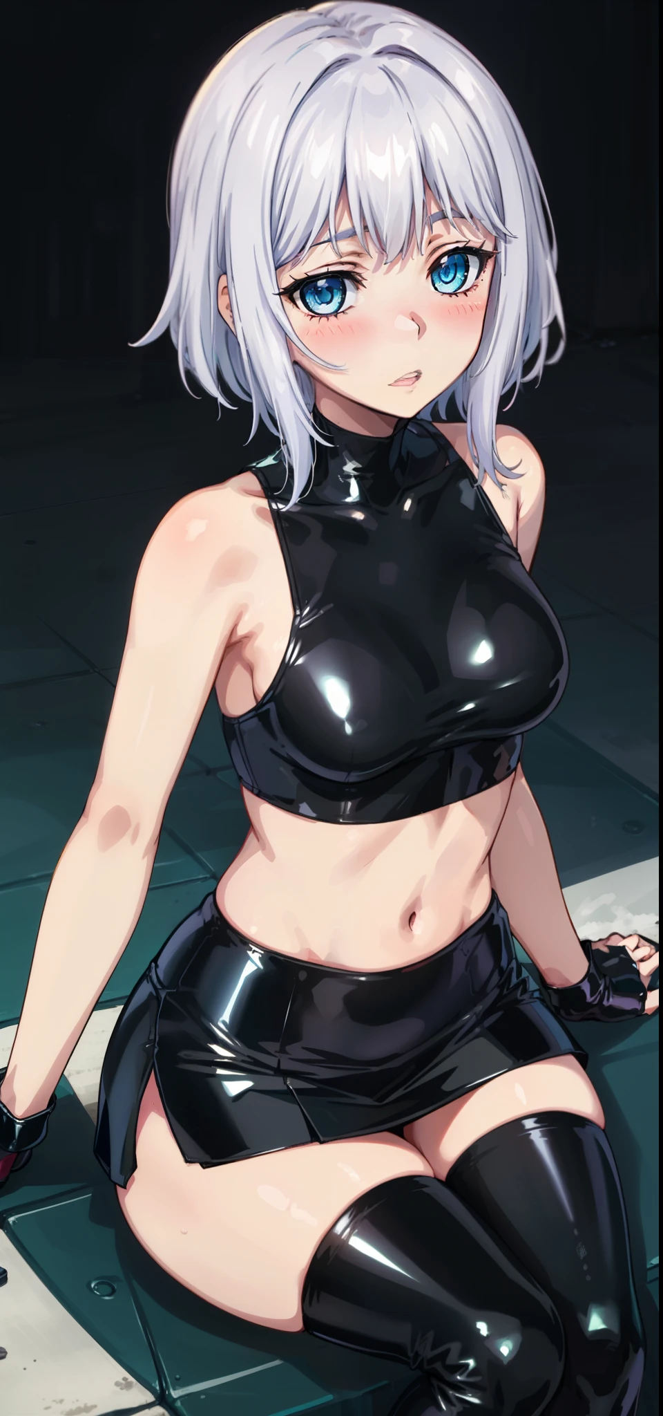 (((masterpiece、Highest image quality、highest quality、highly detailed unity 8kwallpaper)))、((Illustration of one girl))、(((beautiful girl)))、((white hair、short hair、crew cut:1.2、light blue eyes))、(((stocky build, thickset physique, muscular legs, broad shoulders, solid chest:1.3)))、swimsuit、sandy beach