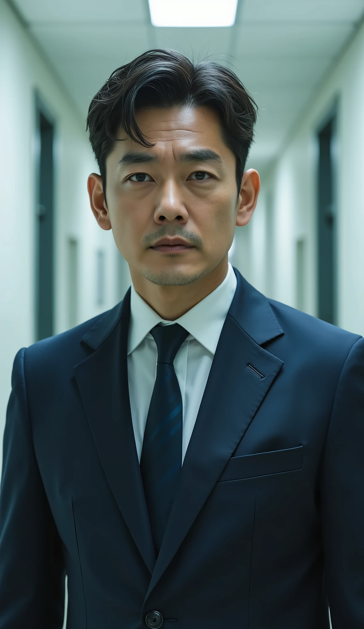 A Korean man in his 40s appears at a urology hospital in Seoul, South Korea. The sick patient is a man wearing a navy suit. The sick patient looks at the camera under bright lights and tries to talk about something. Dramatically composed of movie-like scenes