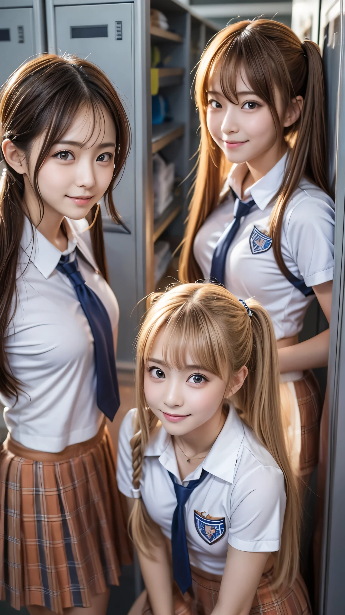 Realistic、Two beauties、Dangerous super cute girls :3.0、 each from school uniforms to underwear to nudity、Hairstyles and colors are randomly 、 height and bust size while everyone is 、 shot from below、 all smile with sparkling eyes:2.0、 in the locker room 、Two shot with 2 people、Up your chest and face that seem to break、All nude