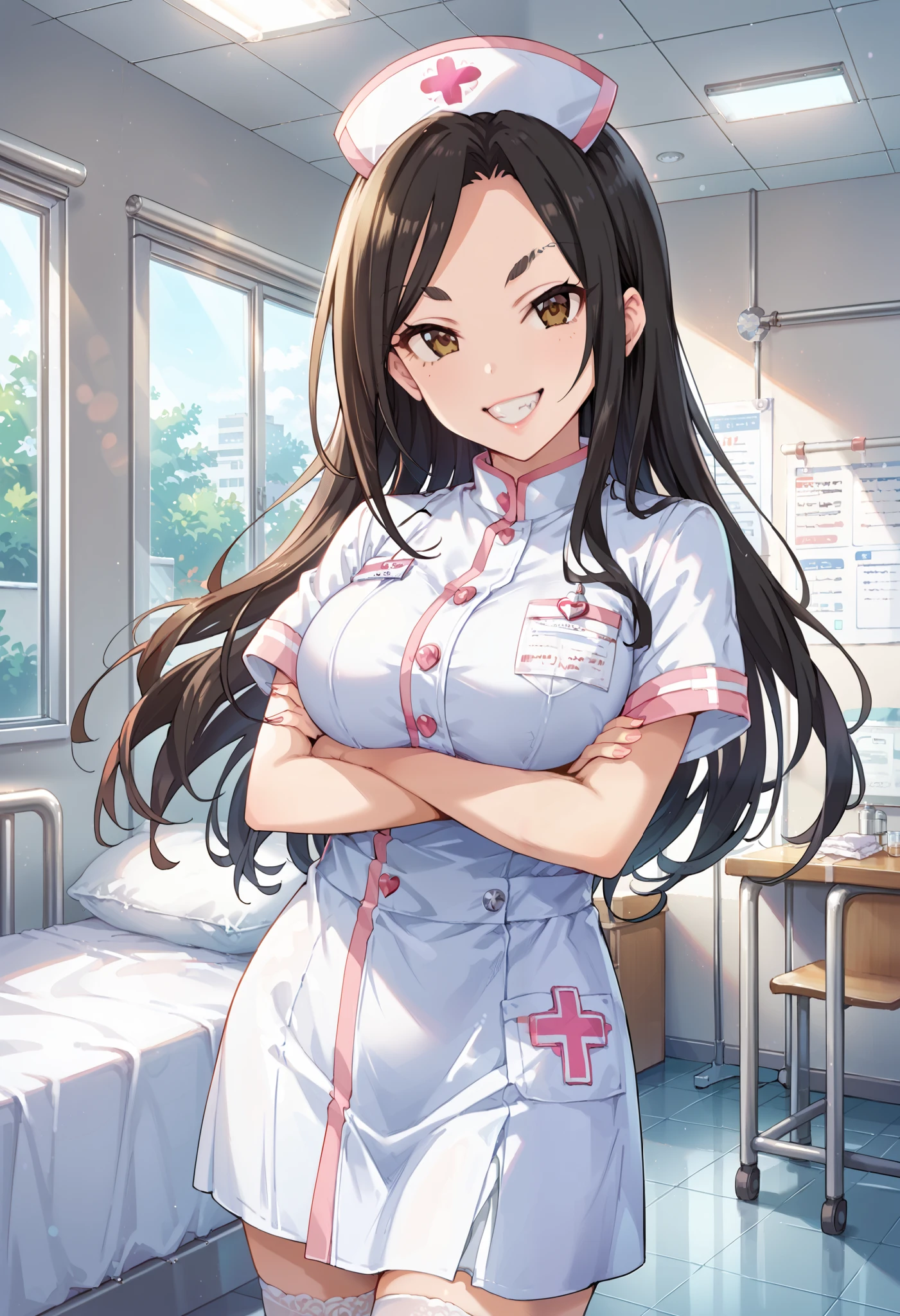 score_9, score_8_up, score_7_up, source_anime, mukai takumi, long hair, black hair, brown eyes, large breasts, masterpiece best quality, (best quality), (high quality), {masterpiece}, extremely delicate and beautiful, ultra-detailed, beautiful detailed eyes, nurse, nurse hat, ((white nurse's outfit)), white legwear, zettai ryouiki, hospital room, v-shaped eybrows, smile, teeth, crossed arms, standing