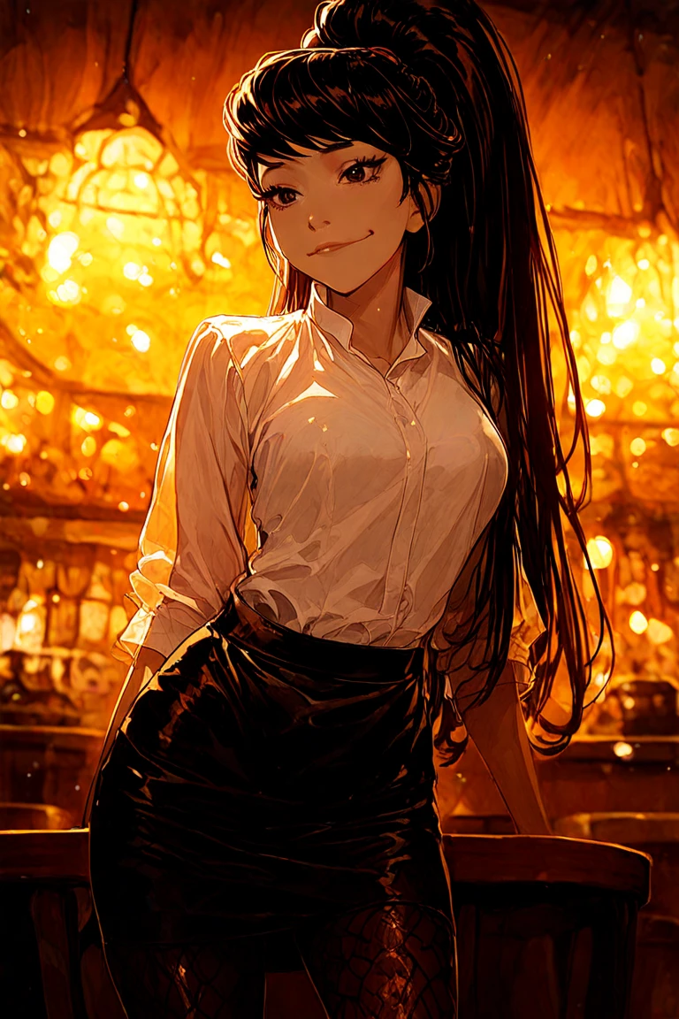 Masterpiece,Best Quality,absurdres,newest,highres,very awa,
BREAK 1girl,yo,solo,smiles,black hair,straight hair,waist-length long hair,high ponytail,bangs,thin eyebrows,Upswept eyes,iris,large dark eyes,(delicate chin:1.1),shiny_skin,slender,contrapposto,looking_at_viewer,
BREAK waitress,tight,blouse,white shirt,(see-through sleeves:0.8),waist_apron,white apron,microskirt,pencil skirt,back_slit,black skirt,black_pantyhose,glitter pantyhose,cafe,lens flare,depth of field,