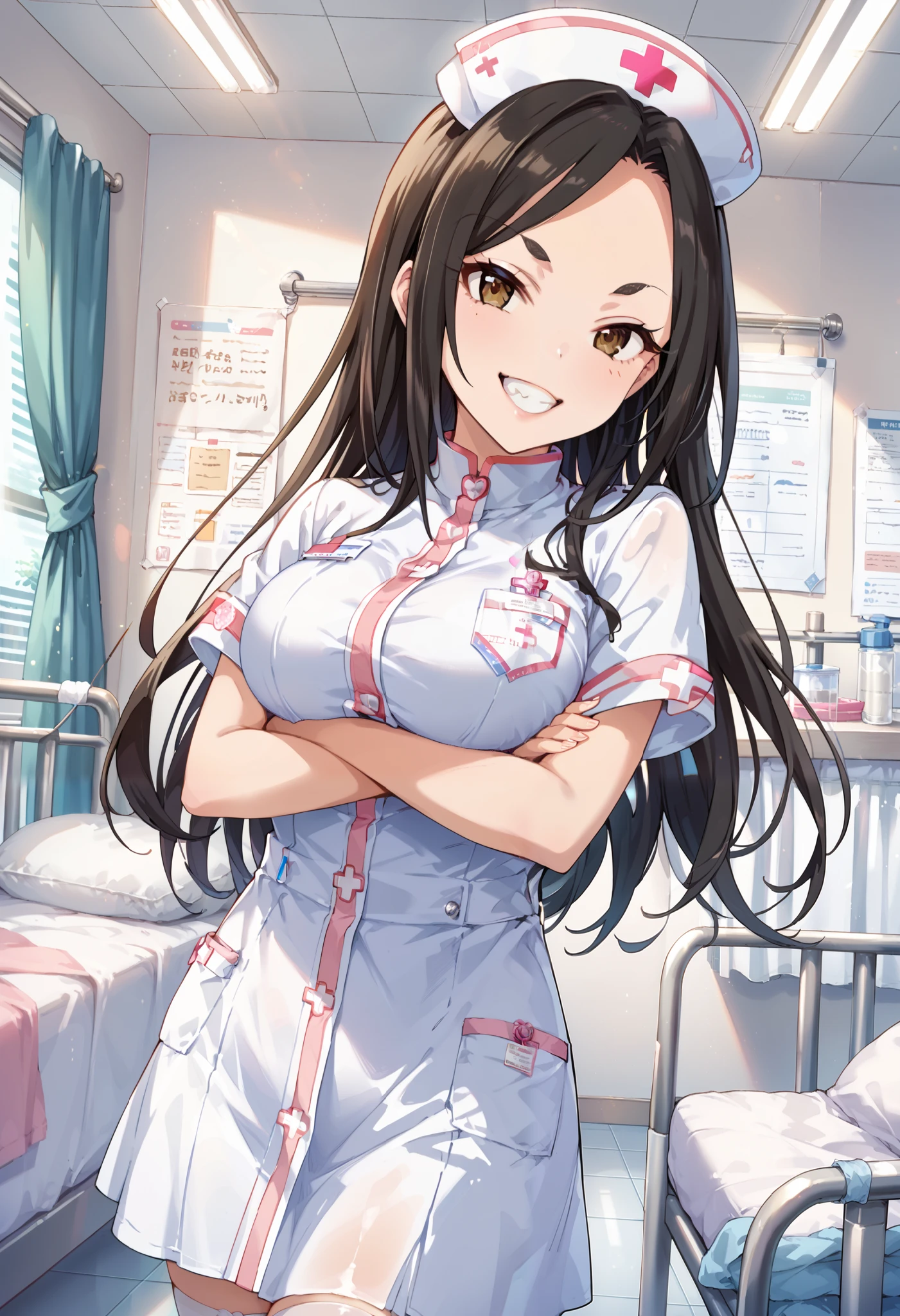 score_9, score_8_up, score_7_up, source_anime, mukai takumi, long hair, black hair, brown eyes, large breasts, masterpiece best quality, (best quality), (high quality), {masterpiece}, extremely delicate and beautiful, ultra-detailed, beautiful detailed eyes, nurse, nurse hat, ((white nurse's outfit)), white legwear, zettai ryouiki, hospital room, v-shaped eybrows, smile, teeth, crossed arms, standing