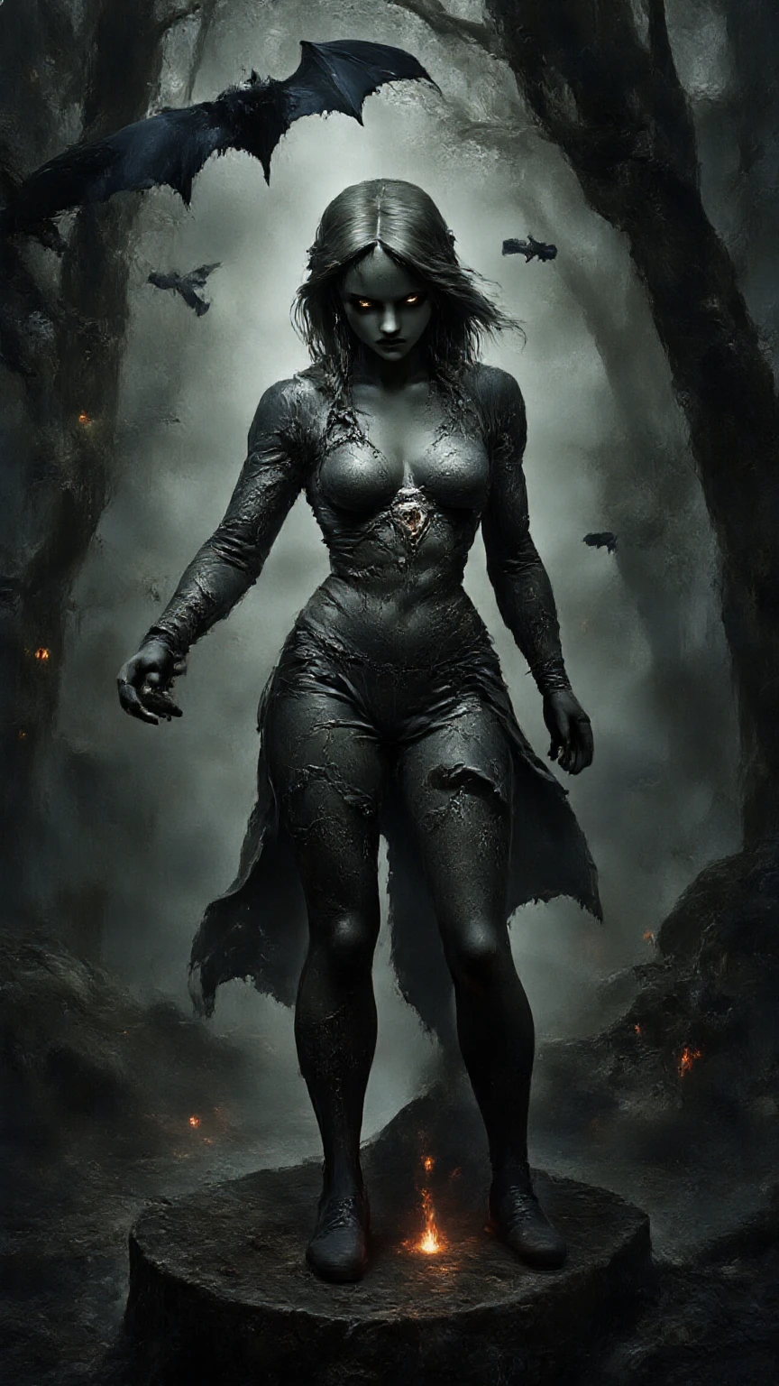 (Masterpiece, high quality, high resolution, 4k, 8k, detail), Statue of a beautiful woman cursed deep in the forest, Statue of a woman floating suspiciously in a deep dark forest, Bronze statue, antique doll, tears of blood, posed with an appealing expression and reaching for something, standing on a pedestal, vines from a tree from her feet to her lower body wrapped around and tied to pedestal, dark fantasy, forest of terror, dark eerie forest, deep dark forest, bats flying, fireballs flying here and there around statue, long shot, horror movie poster,
