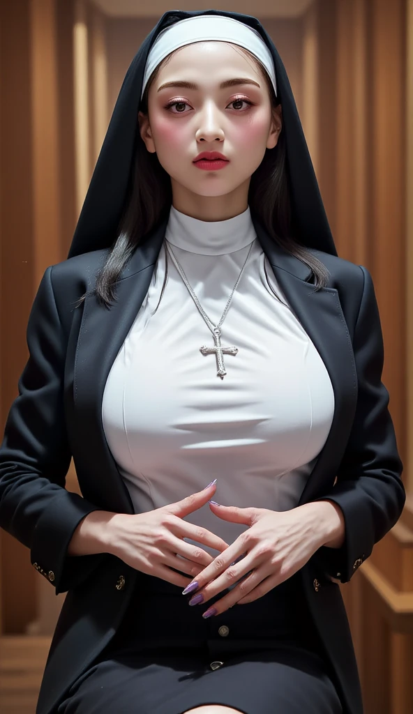  a 25 year old woman ,  sits front facing, In church , using a nun's uniform,  both hands squeezing both breasts ,  thick dark red lips , very detailed image quality ,  using a cross necklace ,  black hair