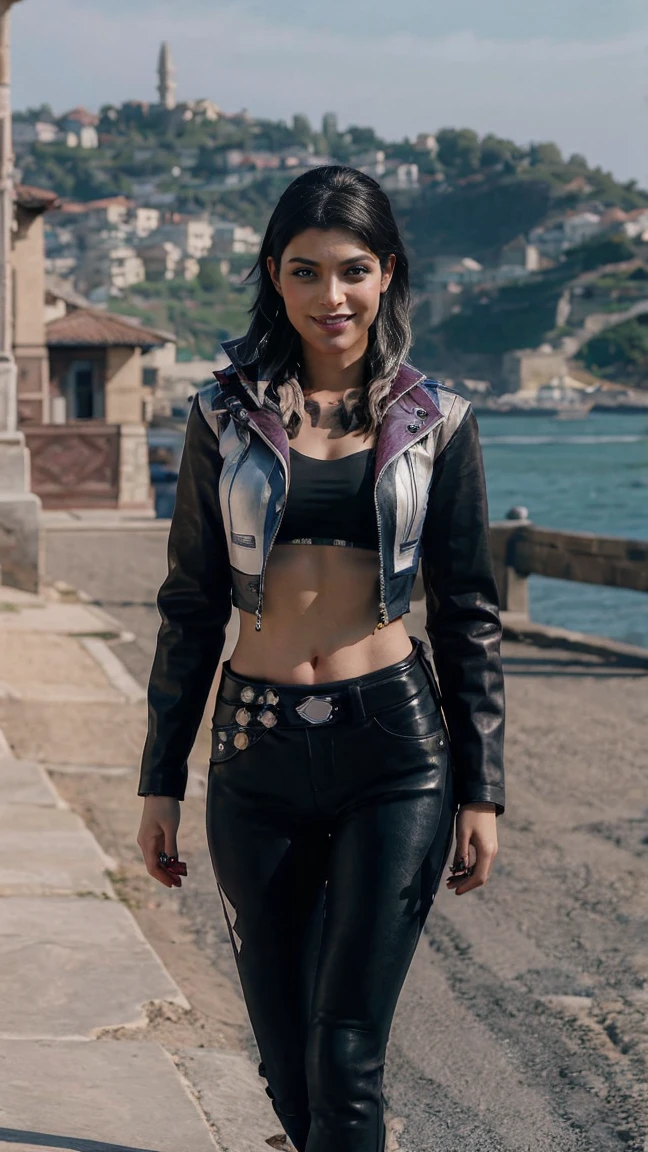 (masterpiece), best quality, HD, expressive eyes, perfect face, Turkish girl, smoked eyes, makeup, 1girl, cowboy shot, black hair, heterochromia eyes,(high quality eyes), scar, scar on face, outdoors, looking at viewer, black croptop, midriff, navel, collarbone, leather leggings, valorant, jacket clothing, shoes, full body, seducing poses, sporty clothing, nose piercings, smiling, ear piercings eyes, Bosporus straits background, cowboy shot, embarrassed shy, 