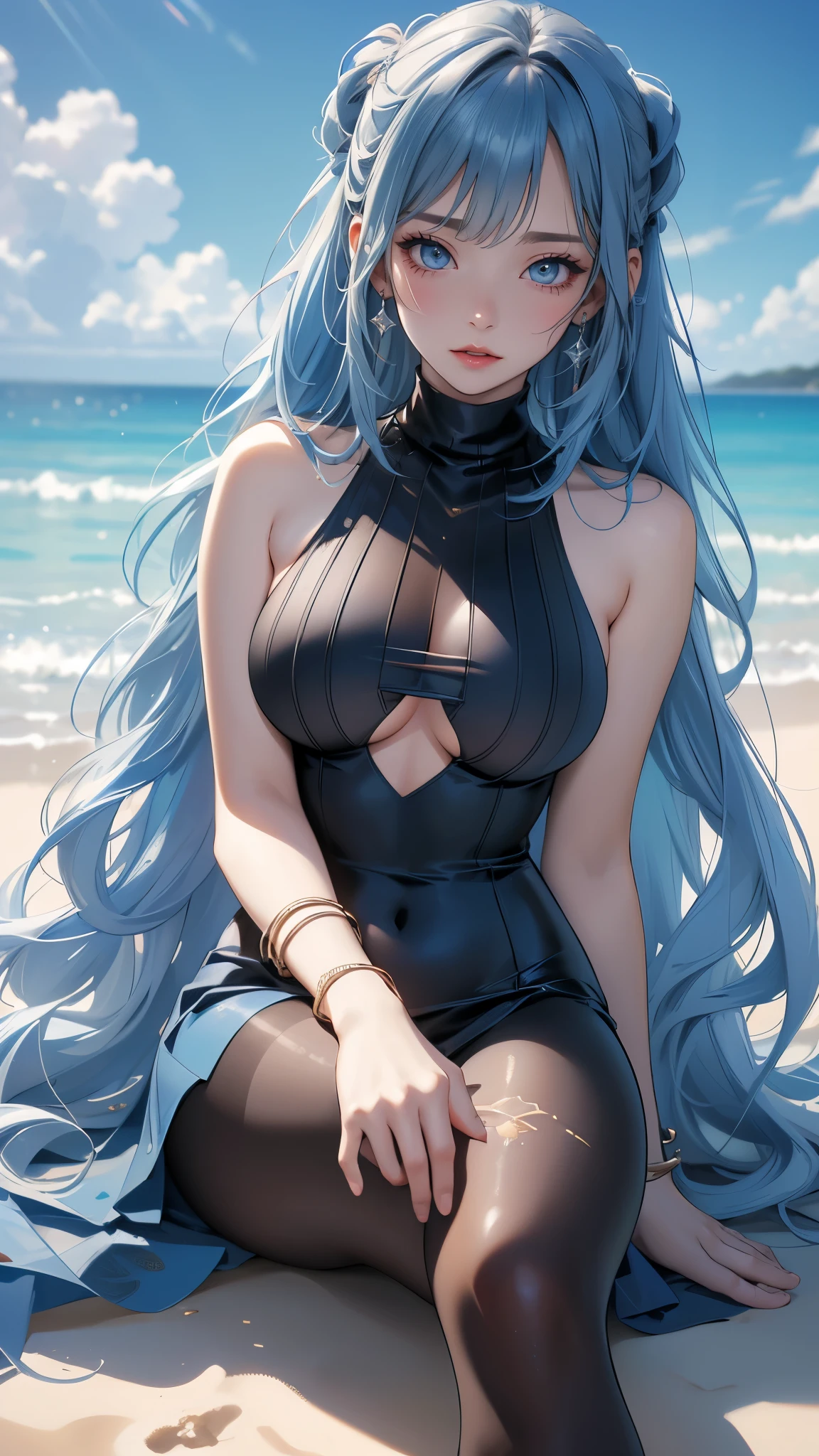  Virgin Destructor Sweater,blue hair color , Blue dress , Blue sea , sandy beach,  Blue Sky ,  blue pantyhose, spread your legs ,high school girl,(thin),( big boobs ),( Random Hairstyles ),( best image quality, (8k), Super realistic,  best quality , High quality, HD, High quality 텍스처,  best resolution , Exquisite and detailed , Okay,  extremely detailed CG ,  detailed texture ,  realistic facial expression , masterpiece, Since its existence )