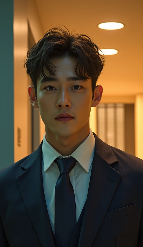 A handsome Korean man in his 30s appears at a urology hospital in Seoul, South Korea The sick patient is a man wearing a navy suit. The sick patient is trying to talk about something while looking at the camera under the warm, bright light of the urology hospital. Dramatically composed of movie-like scenes