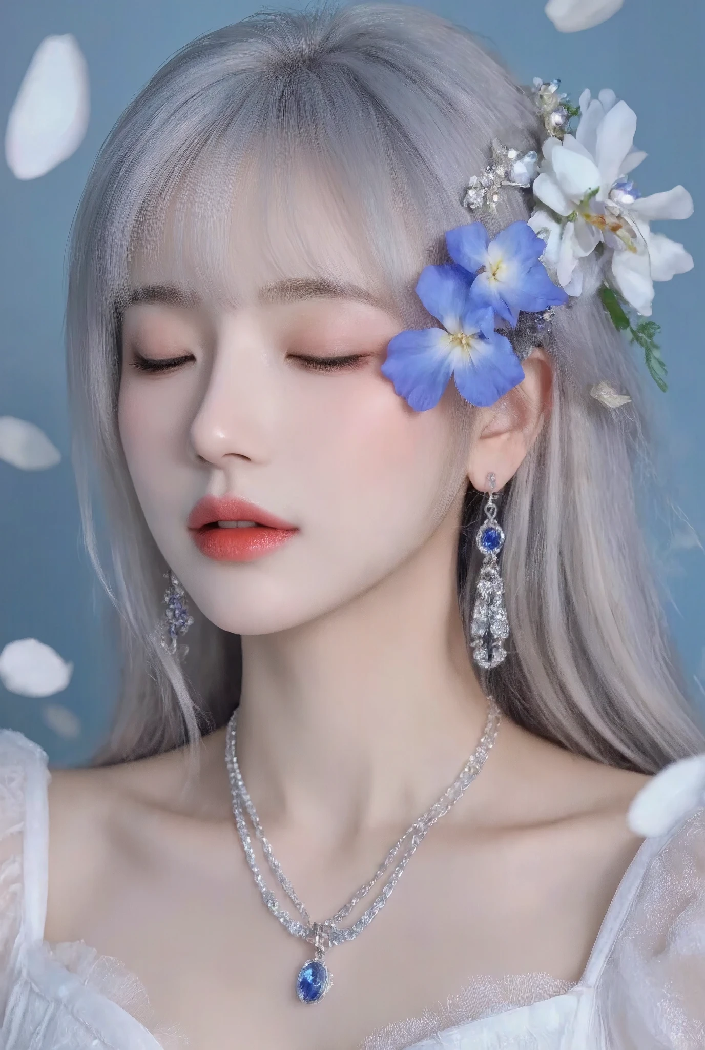 masterpiece, best quality, good quality, very aesthetic, absurdres, newest, 1girl, solo, long_hair, hair_ornament, dress, jewelry, upper_body, closed_eyes, white_hair, grey_hair, flower, earrings, parted_lips, teeth, hair_flower, necklace, collar, sparkle, petals, makeup, blue_dress, blue_background, portrait, gem, facing_viewer, blue_flower, one_eye_covered, blue_theme, red_lips, falling_petals, blue_gemstone, flower_over_eye 