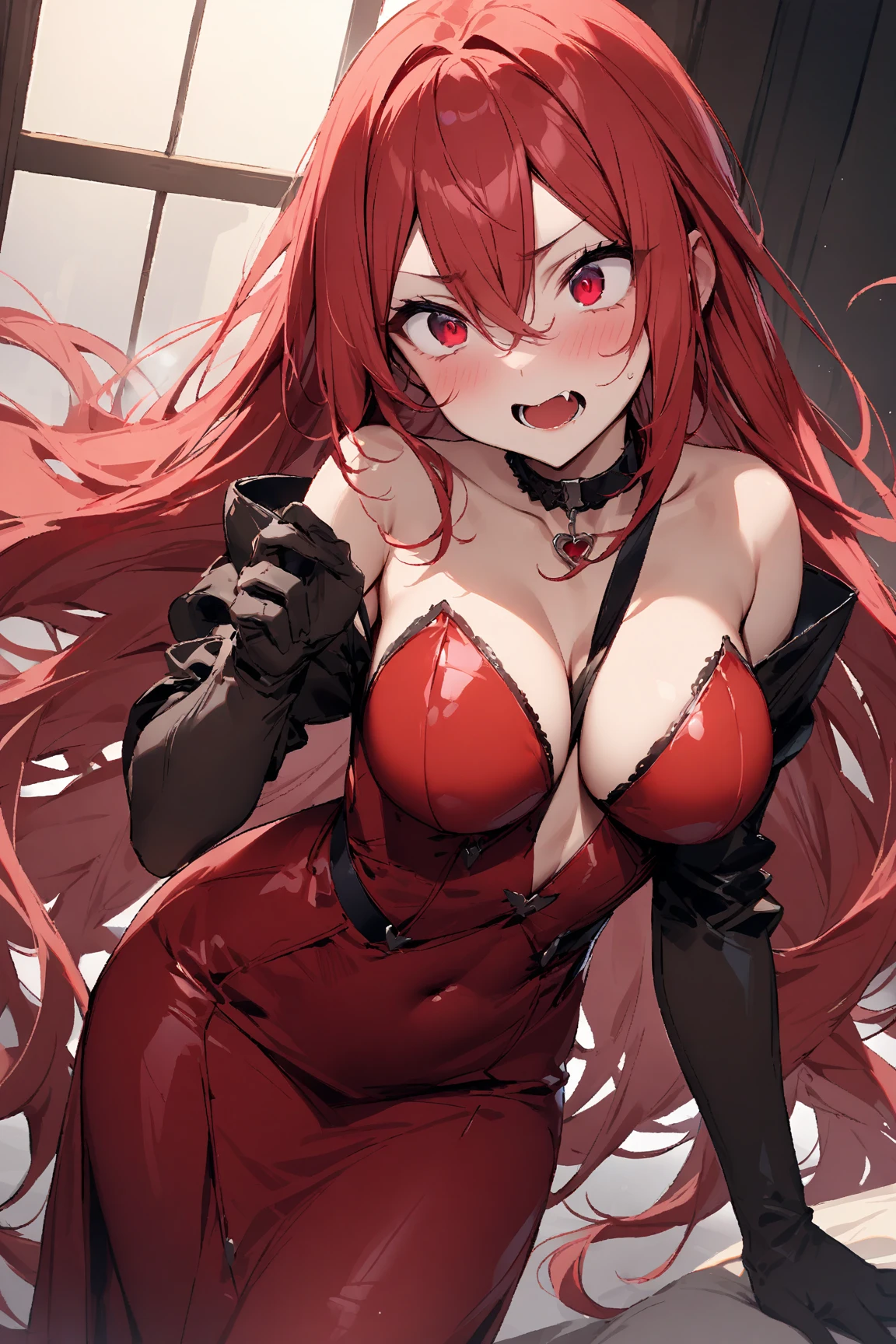 She:Vampire,Crimson Eyes,Crimson Hair,Medium Sized Breasts,(masterpiece), best quality, expressive eyes, perfect face, Long gloves,between breasts,Long dress, choker, very long hair,leather clothes