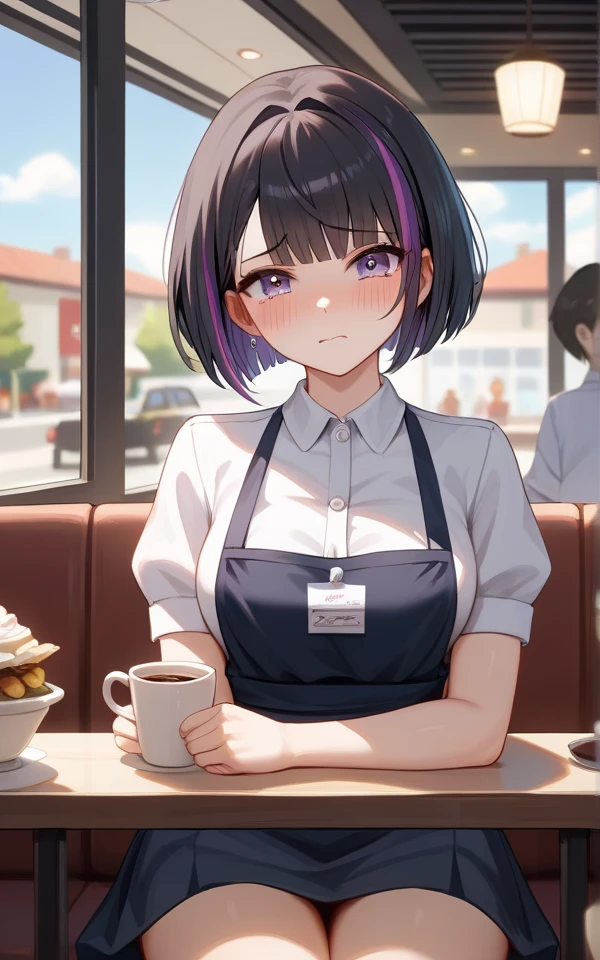 Adult Female, Black purple hair, slanted bob haircut, phlegmatic, stoic expression, perfect purple eyes, cyberpunk bar, bartender, bartender uniform, highly detailed, high quality, perfect quality, 8k, cleaning whiskey glass with towel, solid black pupils, shading