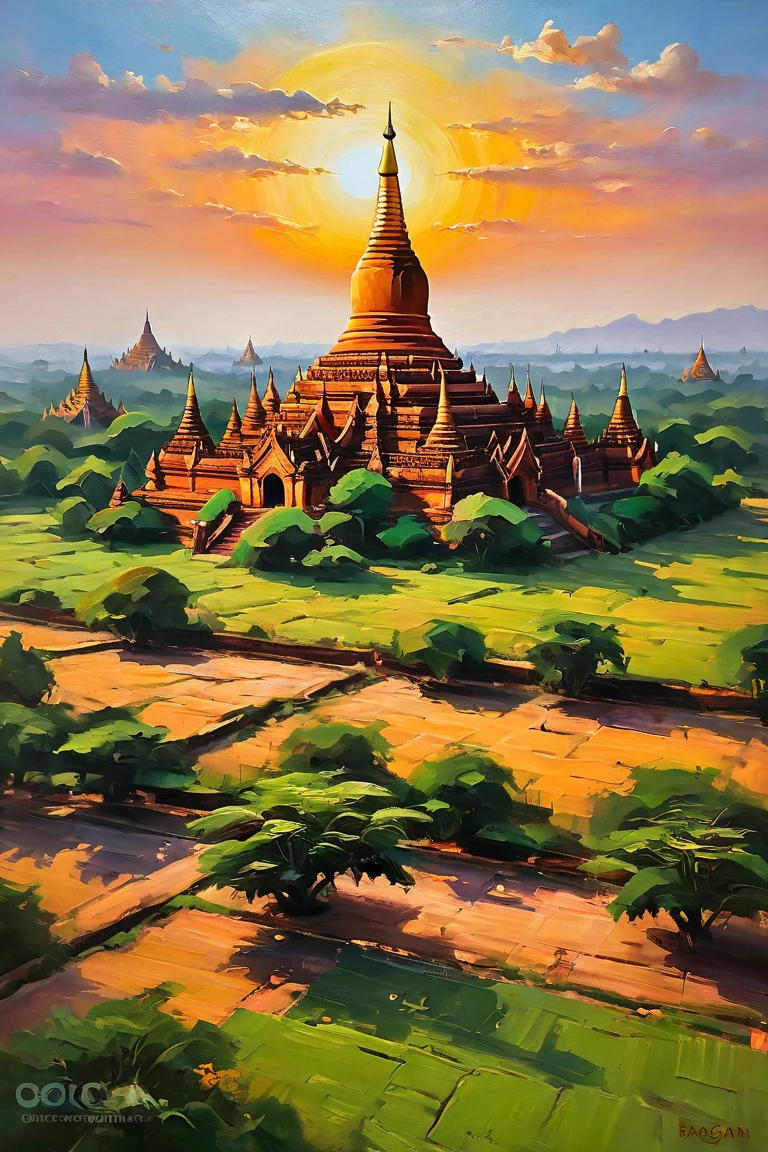 Oil painting of Myanmar,Bagan ancient Pagoda , sunset sense, ultra detailed,