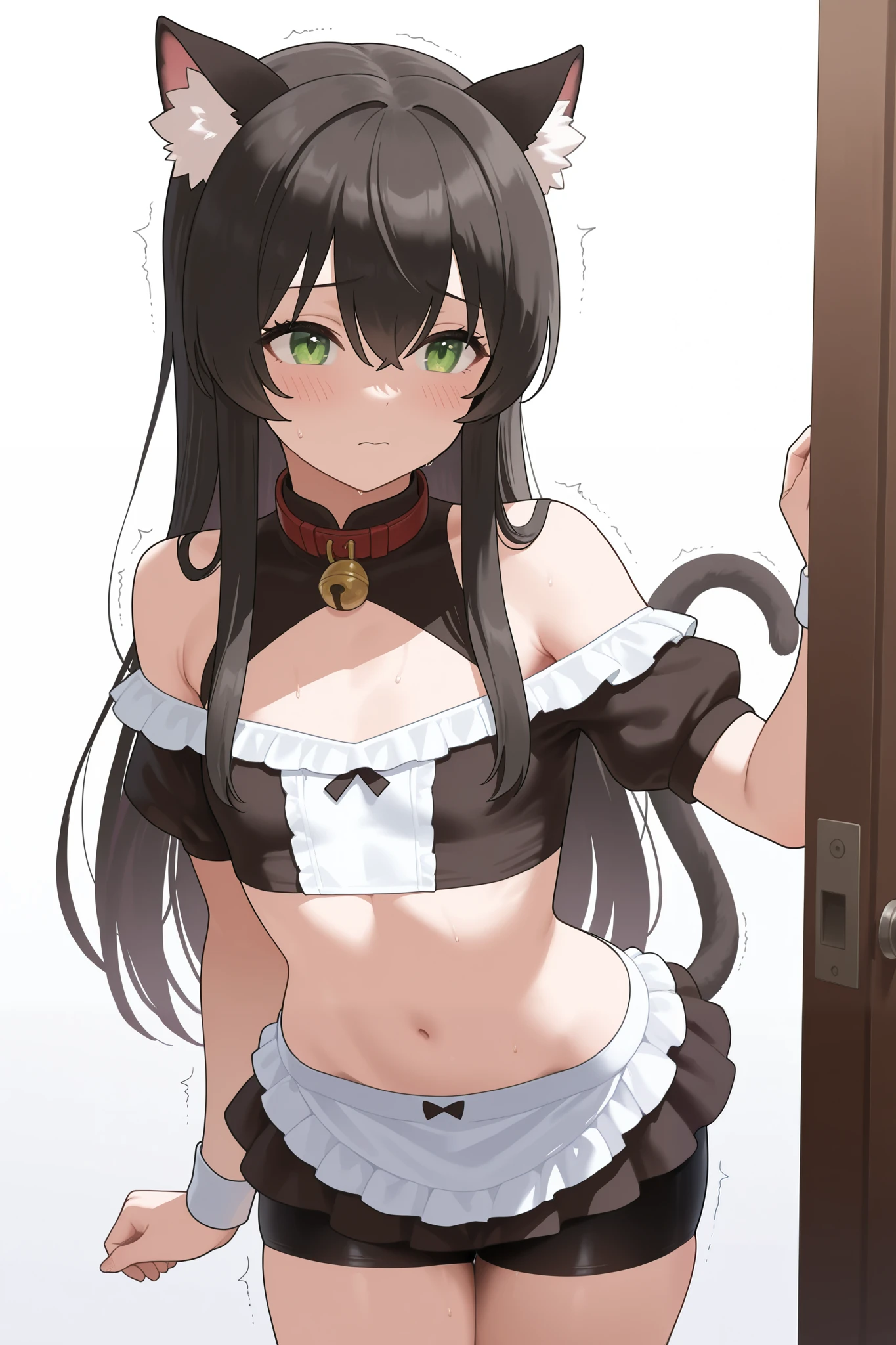 NSFW,masterpiece, best quality , High Resolution , very detailed,Rem Gallew 、 long hair、bangs、 black hair、 animal ears 、 hair between your eyes、非常に long hair、 green eyes、tail、 side lock、Cat ears、 cat's tail、 animal ears の毛, little chest, maid clothes , off shoulder, Crop Top, micro mini skirt , bike shorts, get fingered,Trembling,Estrus