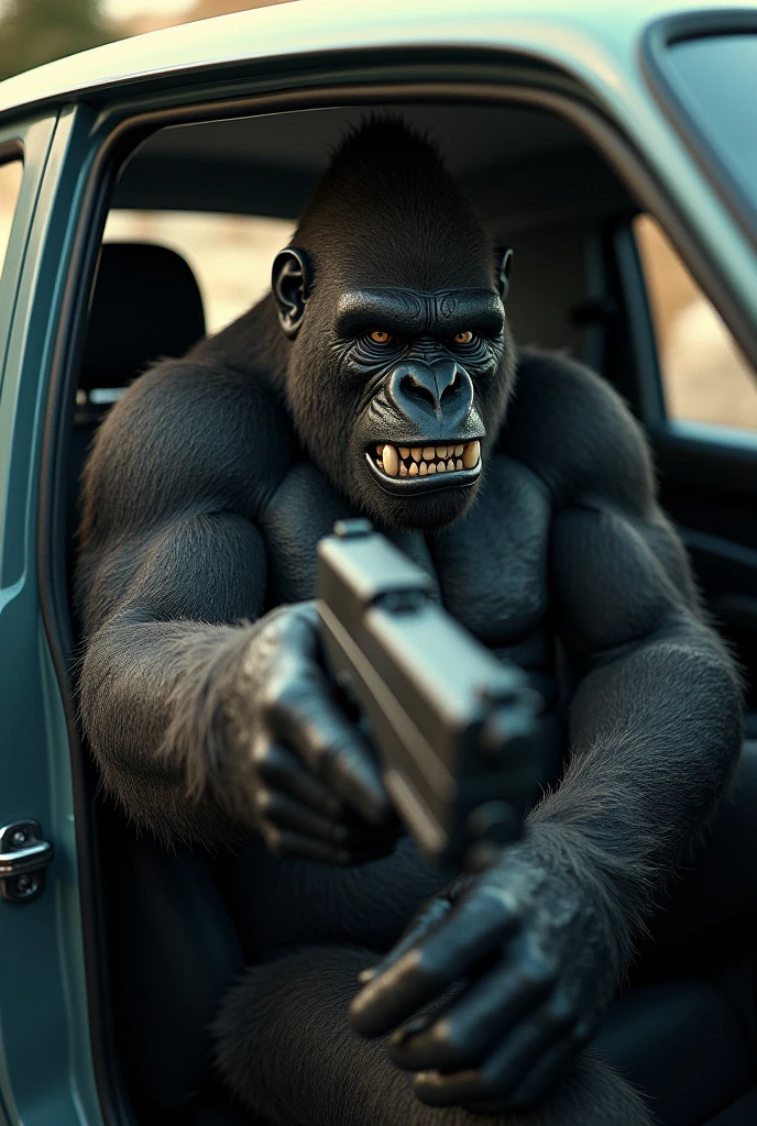 Angry gorilla sitting in car with gun in hand