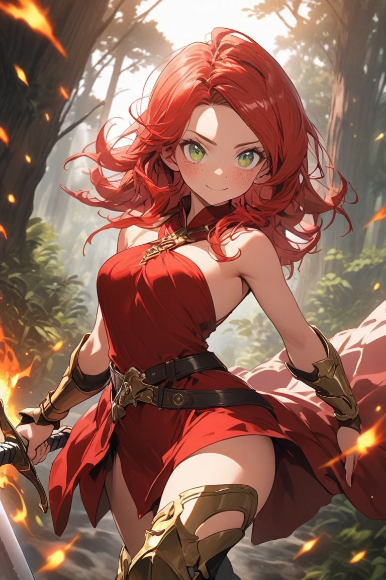 Adult female, fantasy, fantasy arena, bloody, happy, bloody smile, perfect smile, highly detailed, very short red hair, emerald green irises, barbarian, toned body, well-defined abs, thin black robes, fighting, perfect detail, perfect eyes, black pupils, vibrant eyes