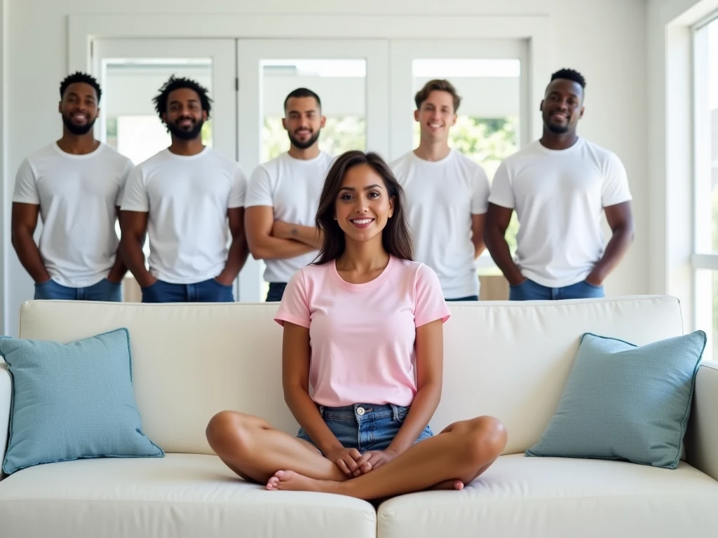 In a modern, brightly lit living room, a woman with sits cross-legged on a pristine white couch, wearing a light pink t-shirt and jean shorts with a Cheshire grin. Her hands are hidden in her lap, adding a whimsical charm to its mechanical form. Behind the couch, five large black men stand in a semi-circle. Their white t-shirts contrasts sharply with the pink shirt, their stance disciplined but non-threatening. The clean, modern room features white furniture, light blue pillows, and sunlight streaming through large windows, blending the girl’s humor with the men's imposing presence for a surreal and striking scene